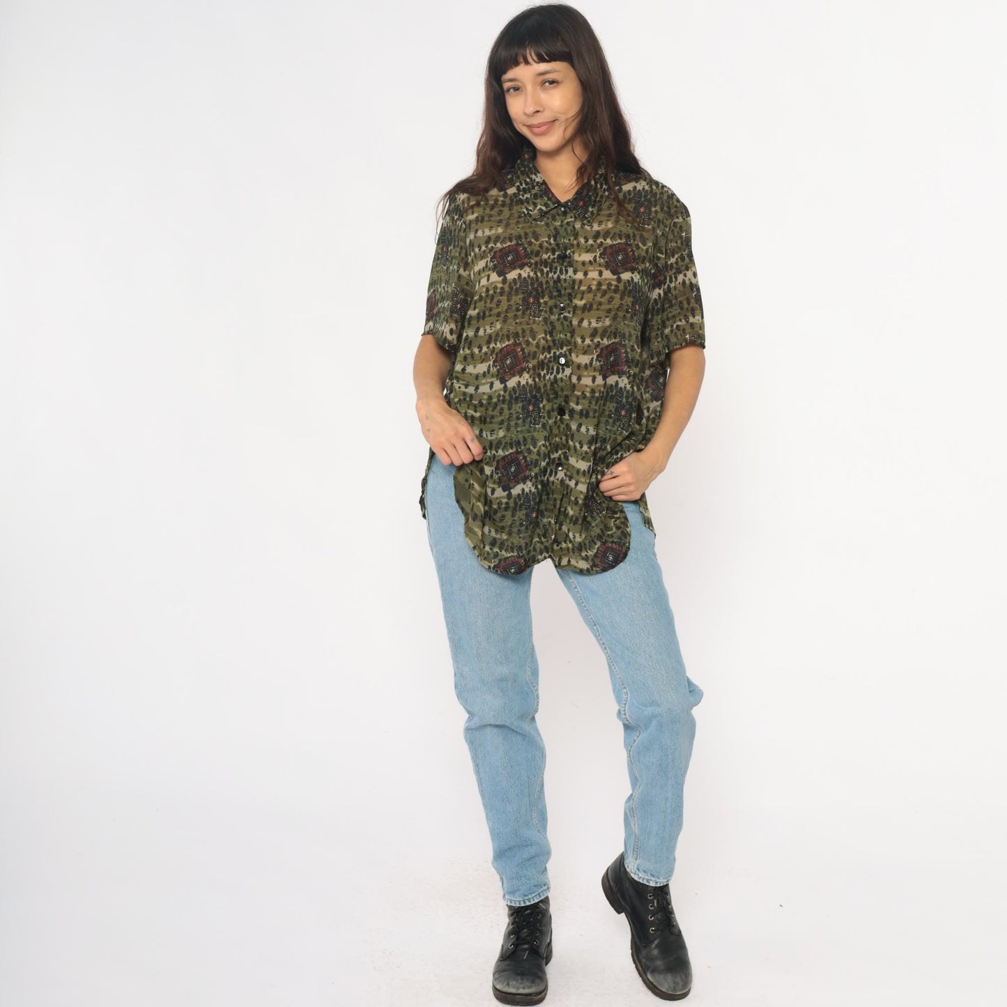 90s Olive Green Leopard Spot Button-Up Blouse Geometric Print Extra Large XL