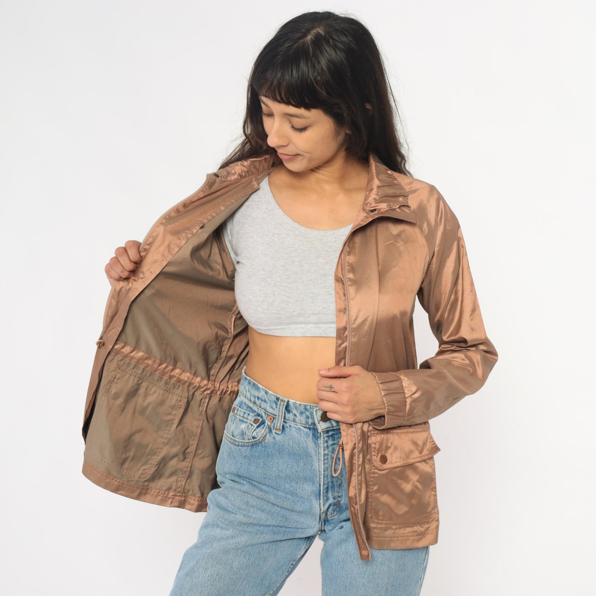 Y2K Tan Utility Jacket Snap Collar Cargo Pockets Zip Windbreaker Medium M