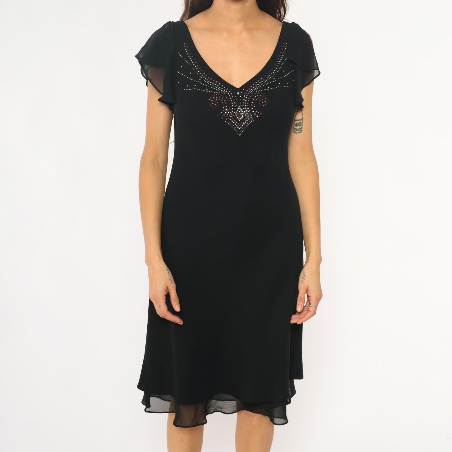 90s Sheri Martin Black Mini Dress Rhinestone V-Neck Cap Sleeve Medium