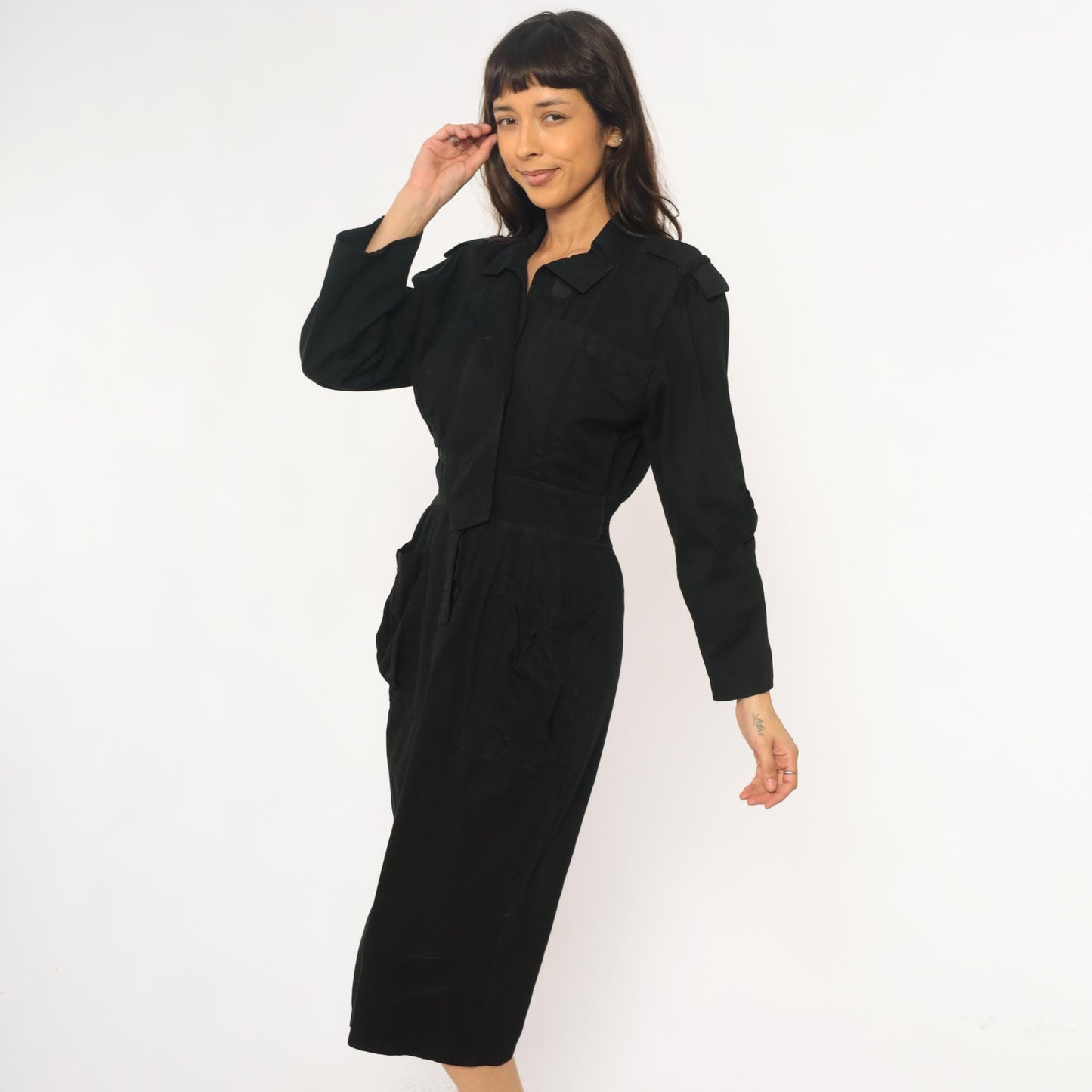 90s D Franke Black Trench Coat Dress Belted Midi Notched Collar Medium
