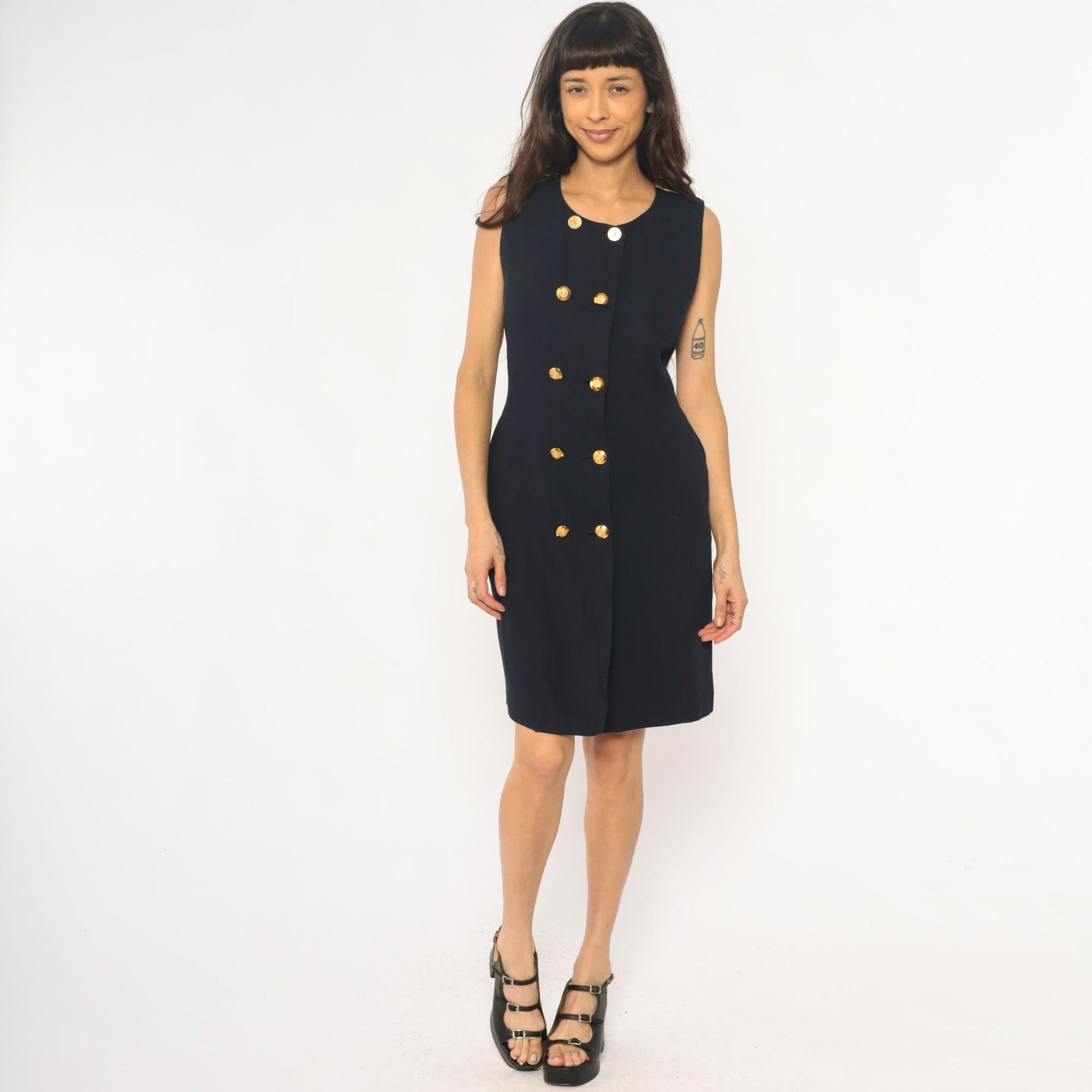 90s Liz Claiborne Navy Nautical Sleeveless Dress Gold Buttons Striped Back Medium
