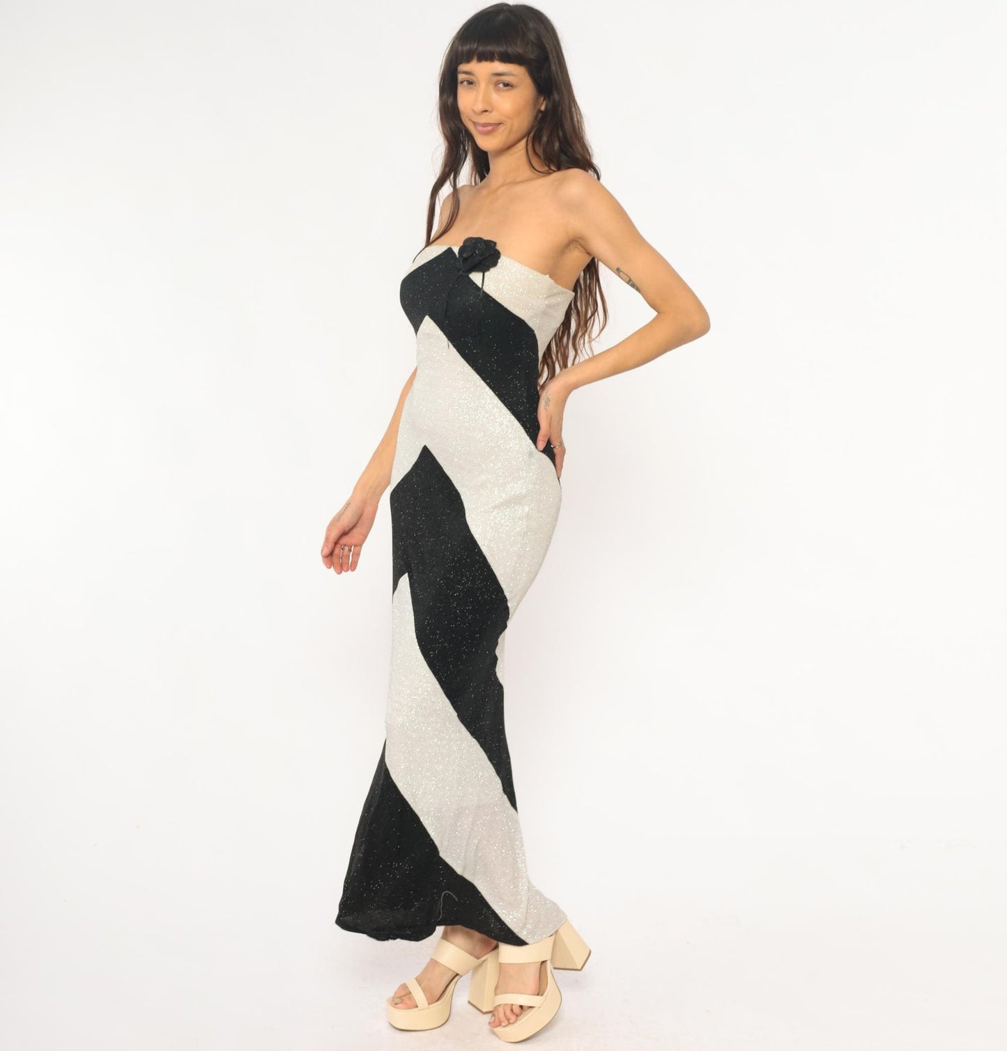 Y2K Pontic Prince Chevron Maxi Dress Black Cream Metallic Strapless Small