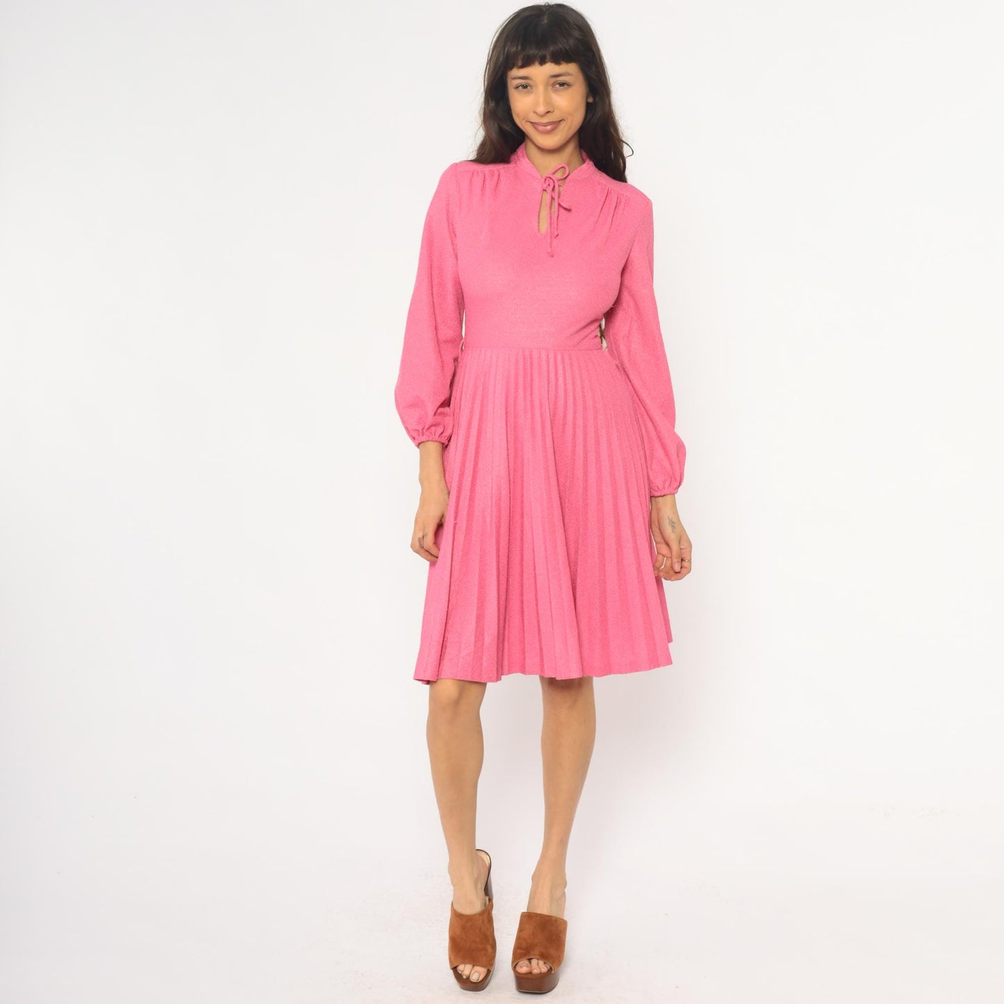 70s Hot Pink Midi Dress Mock Neck Pleated Skirt Bishop Sleeve Extra Small XS
