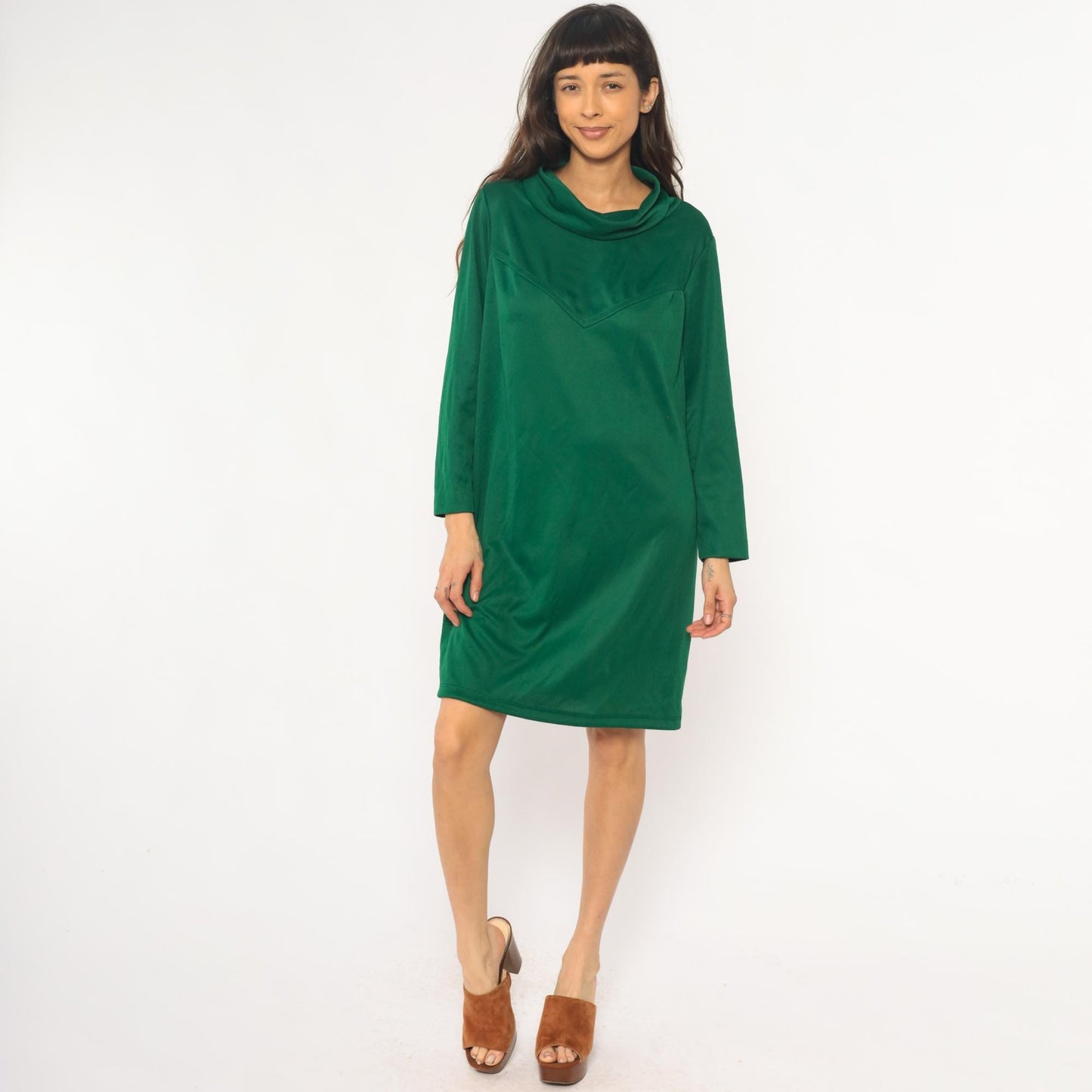 70s Sears Green Velvet Cowl Neck Dress Chevron Knee-Length Extra Large