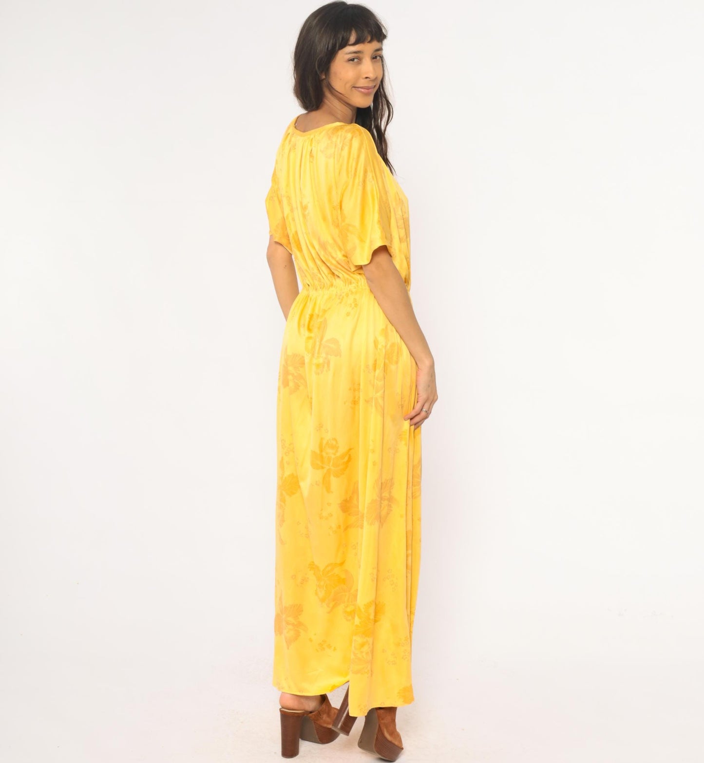 70s Yellow Floral Maxi Dress Flutter Sleeve Gathered Waist Medium Large