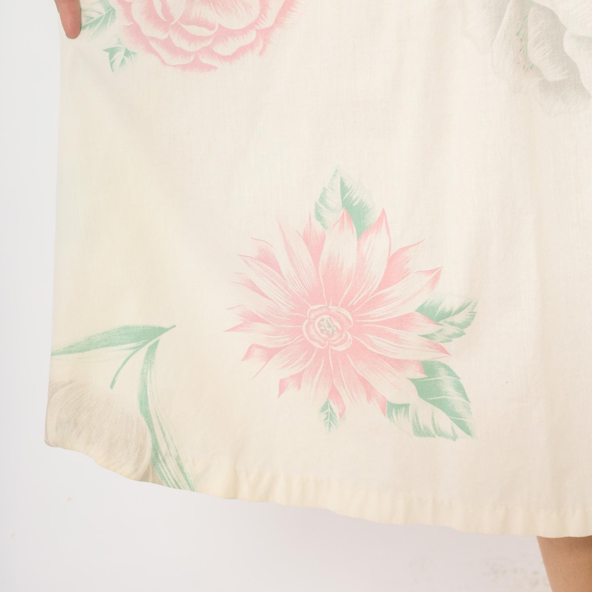 80s Floral Midi Dress Cream Pink Rose Print Cotton Eyelet Lace Medium