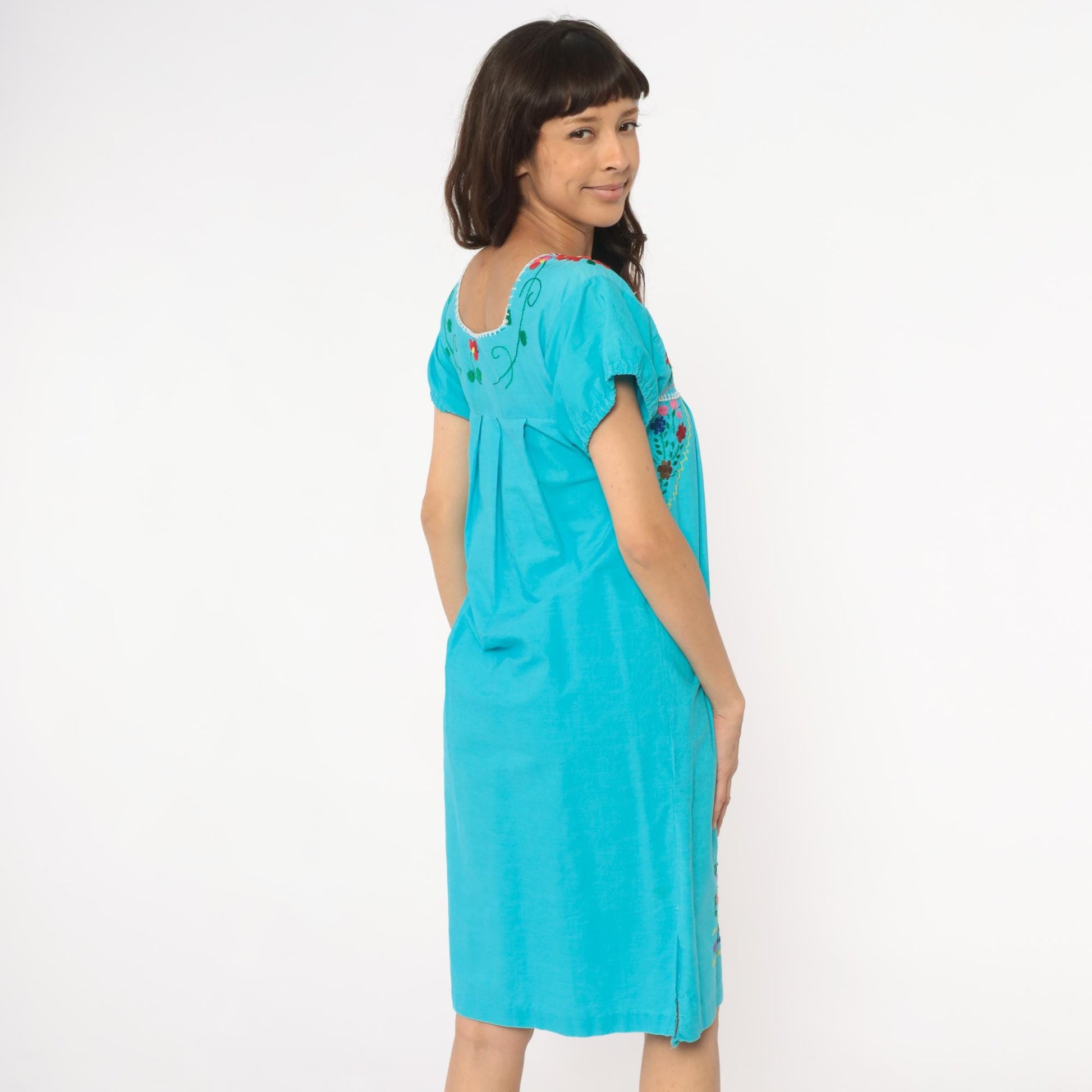 80s Mexican Embroidered Turquoise Cotton Dress Floral Empire Waist Extra Small XS