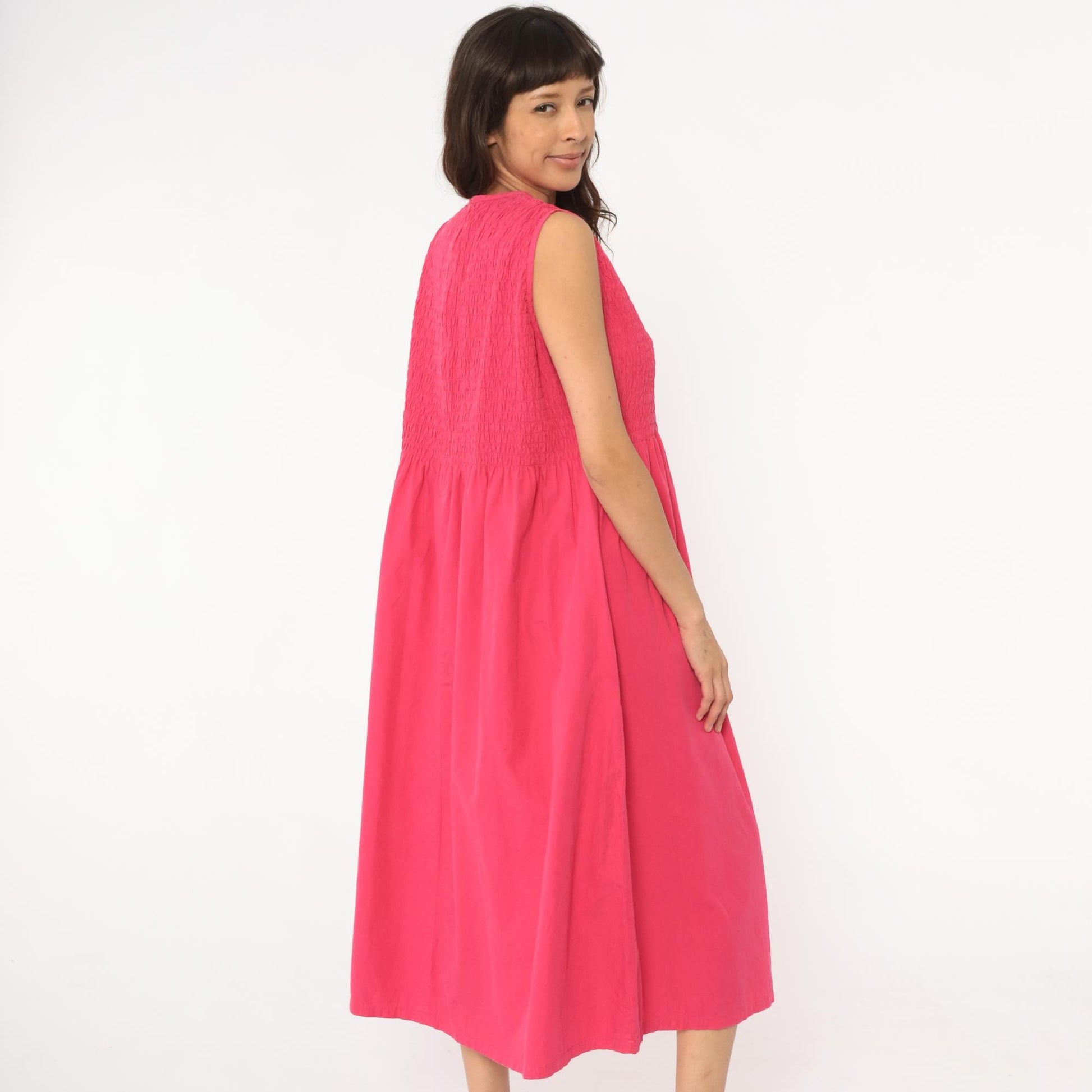 Y2K Coral Pink Maxi Dress Smocked Bodice Cotton Sleeveless Large