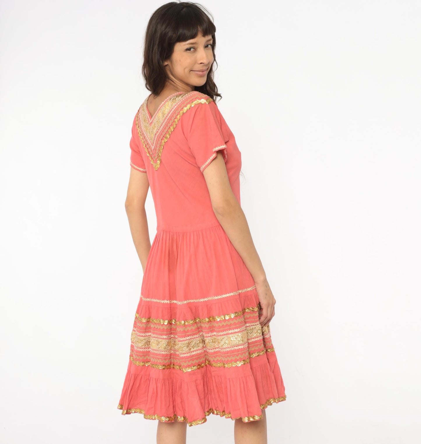 60s Faye Creations Prairie Dress Coral Pink Gold Trim Tiered Cotton Medium M