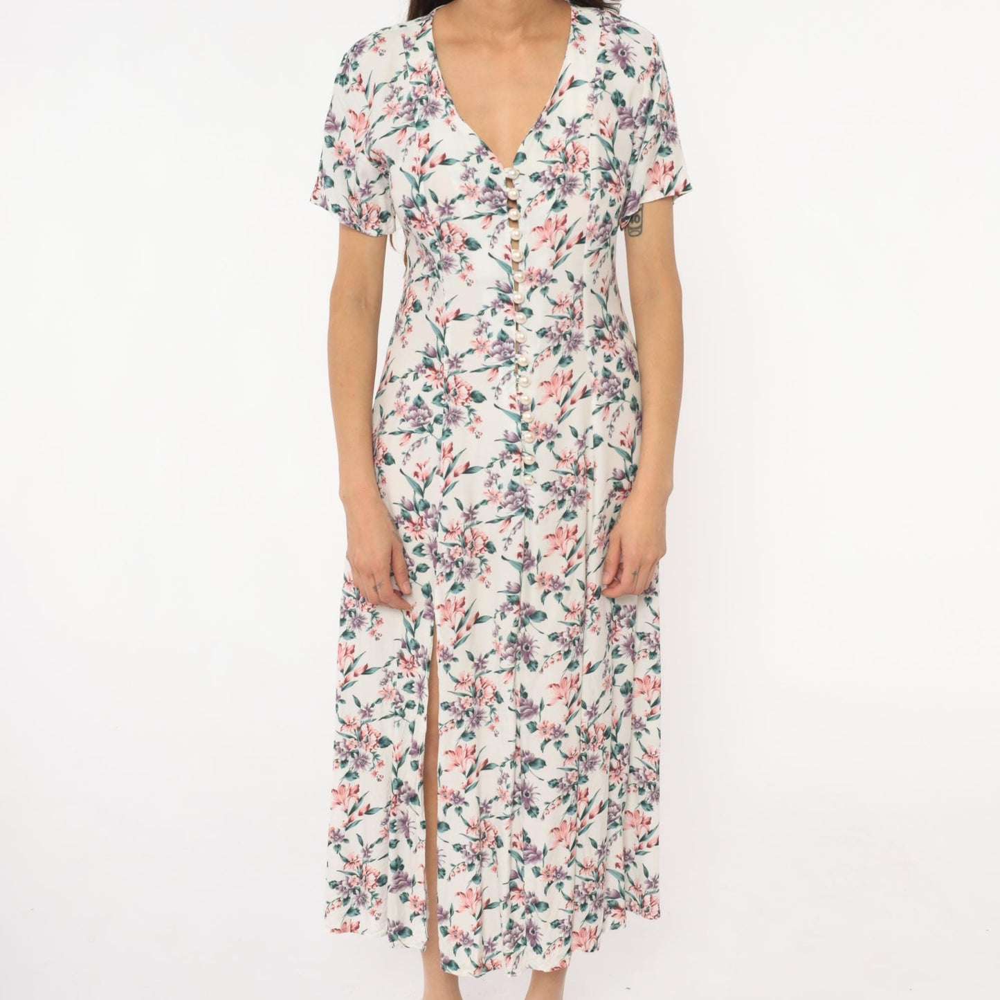 90s Floral Midi Dress Cream Rayon V-Neck Short Sleeve Front Slit Small