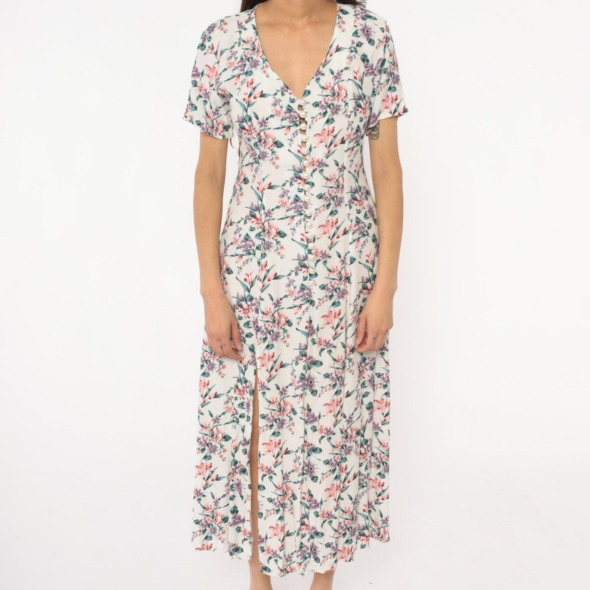 90s Floral Midi Dress Cream Rayon V-Neck Short Sleeve Front Slit Small
