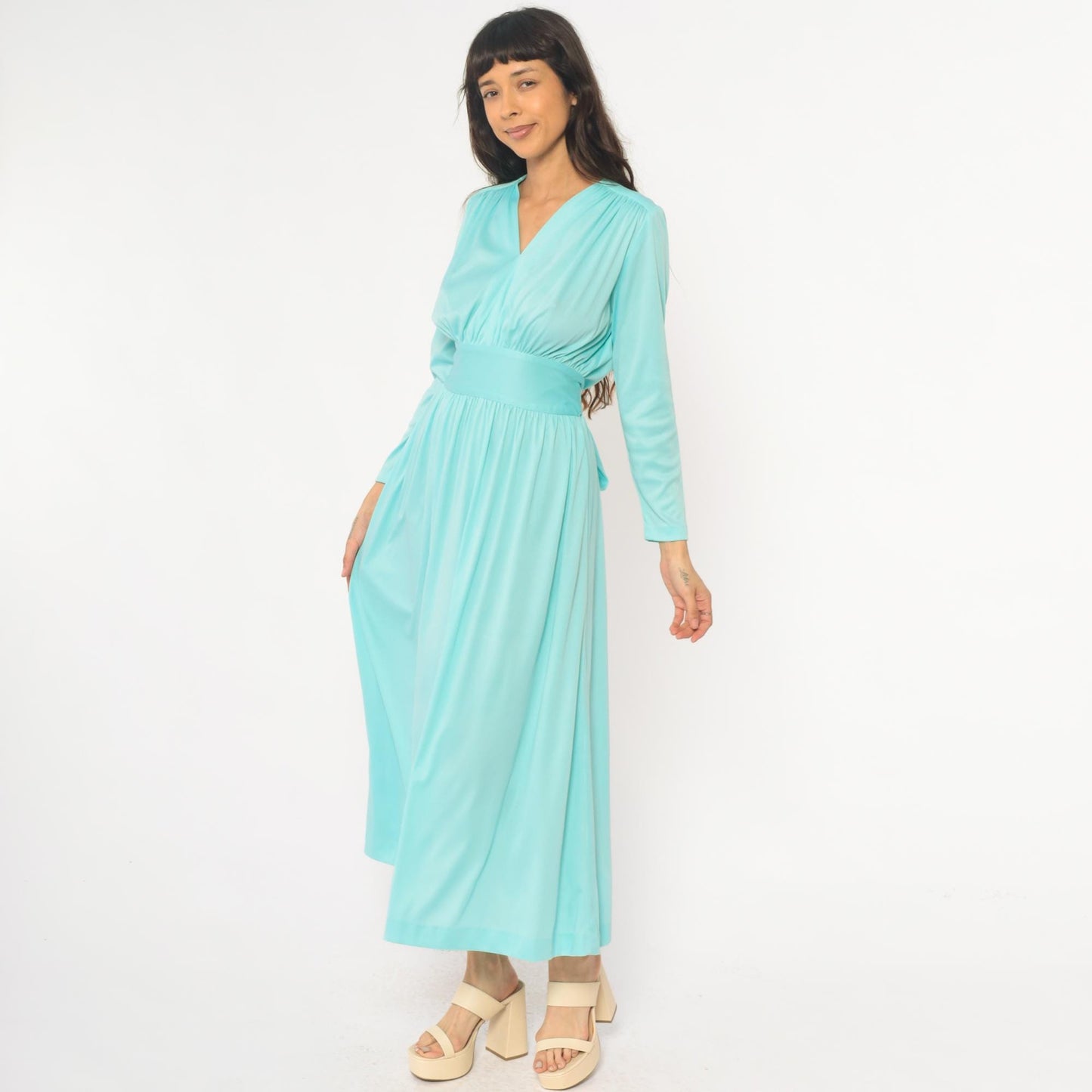 70s Enrico Serrati Aqua Maxi Dress V-Neck Tie Waist Long Sleeve Medium