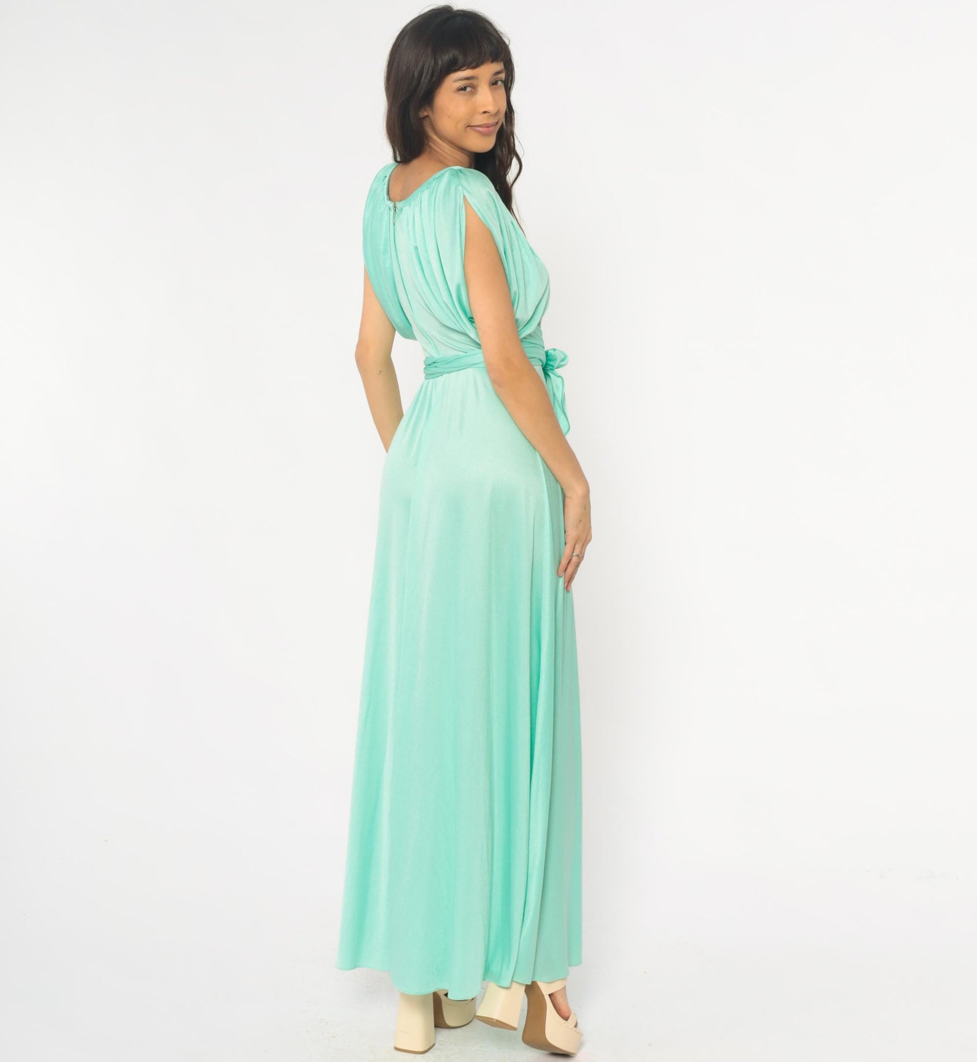 70s Mint Green Maxi Dress Ruched Neckline Tie Belt Sleeveless Small