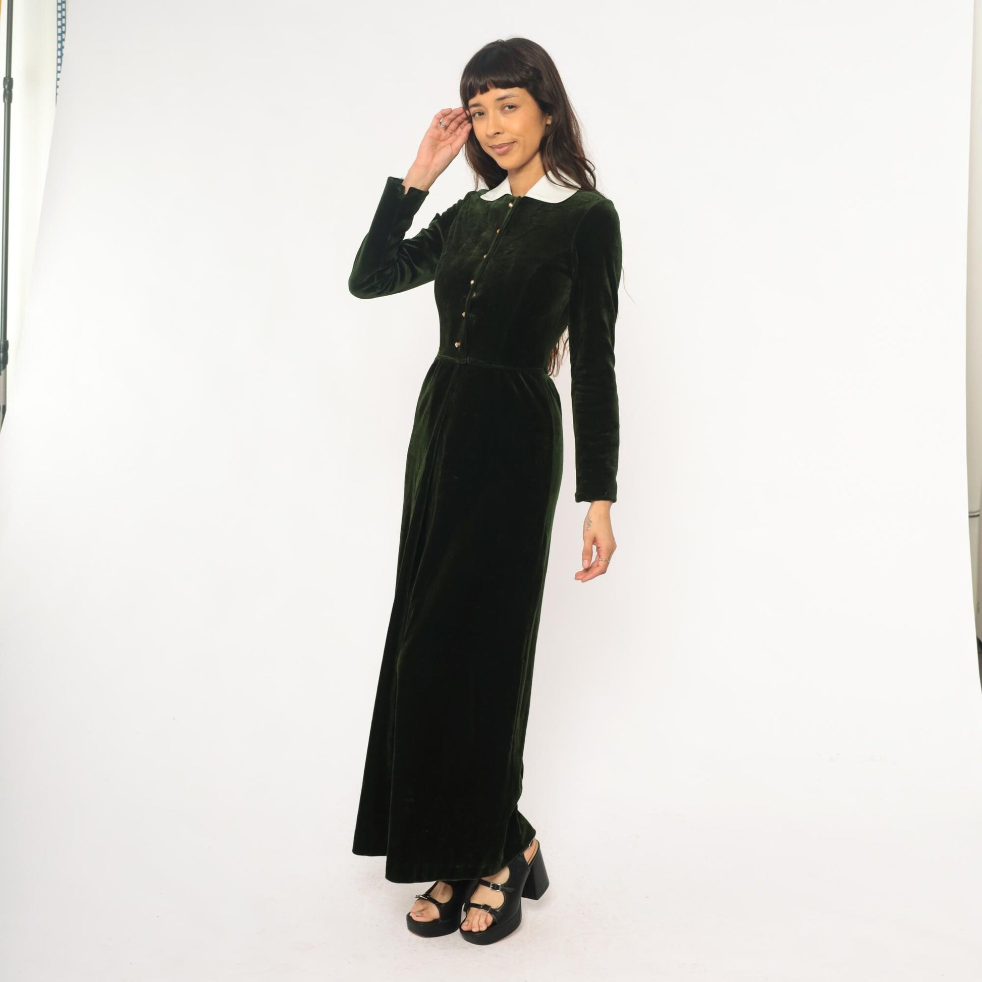 70s Dark Emerald Velvet Maxi Dress White Collar Long Sleeve Extra Small