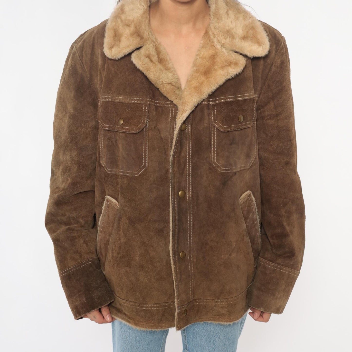 70s JC Penney Brown Suede Sherpa Jacket Western Rancher Coat Extra Large XL