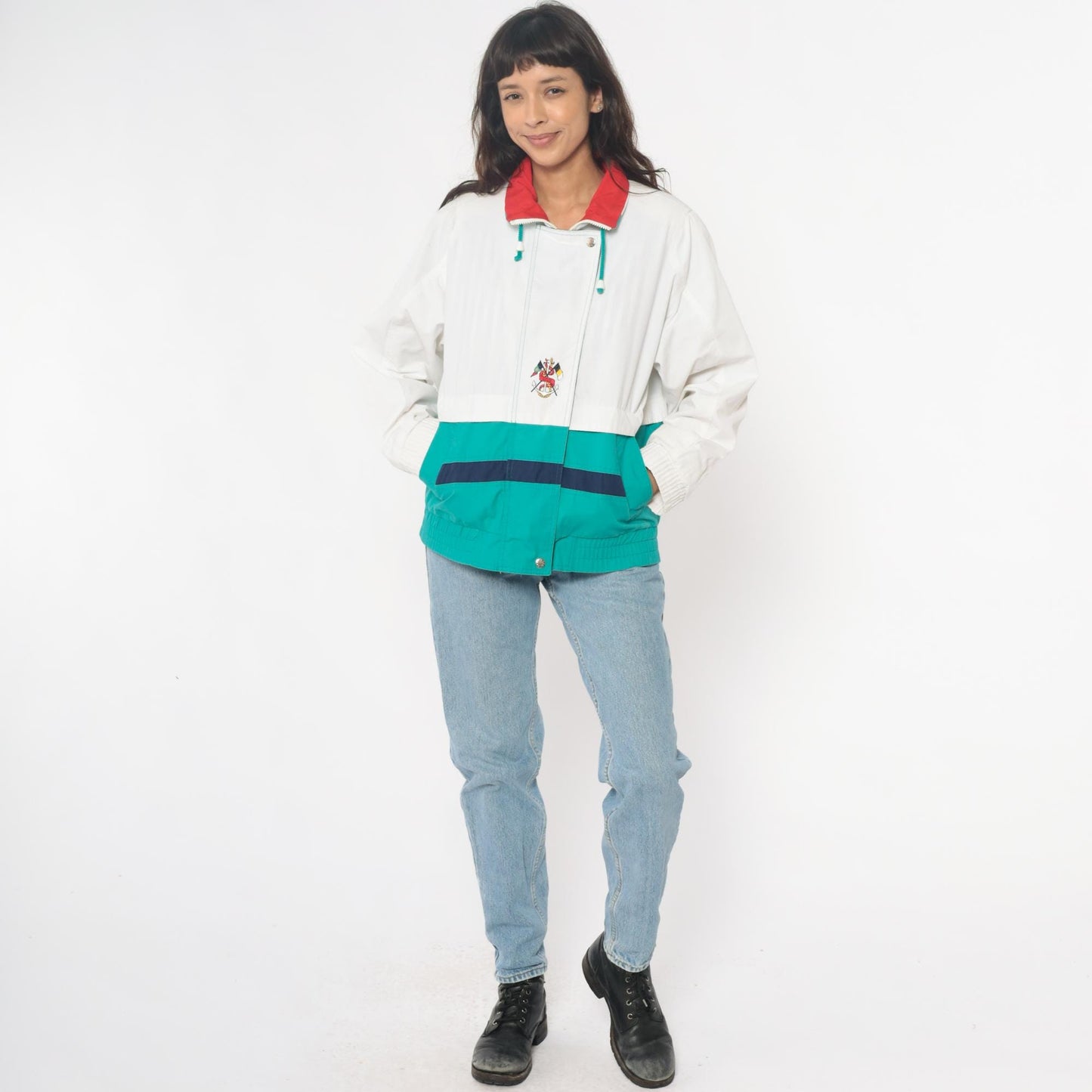 90s Izzi Spirit Colorblock Windbreaker White Teal Navy Small