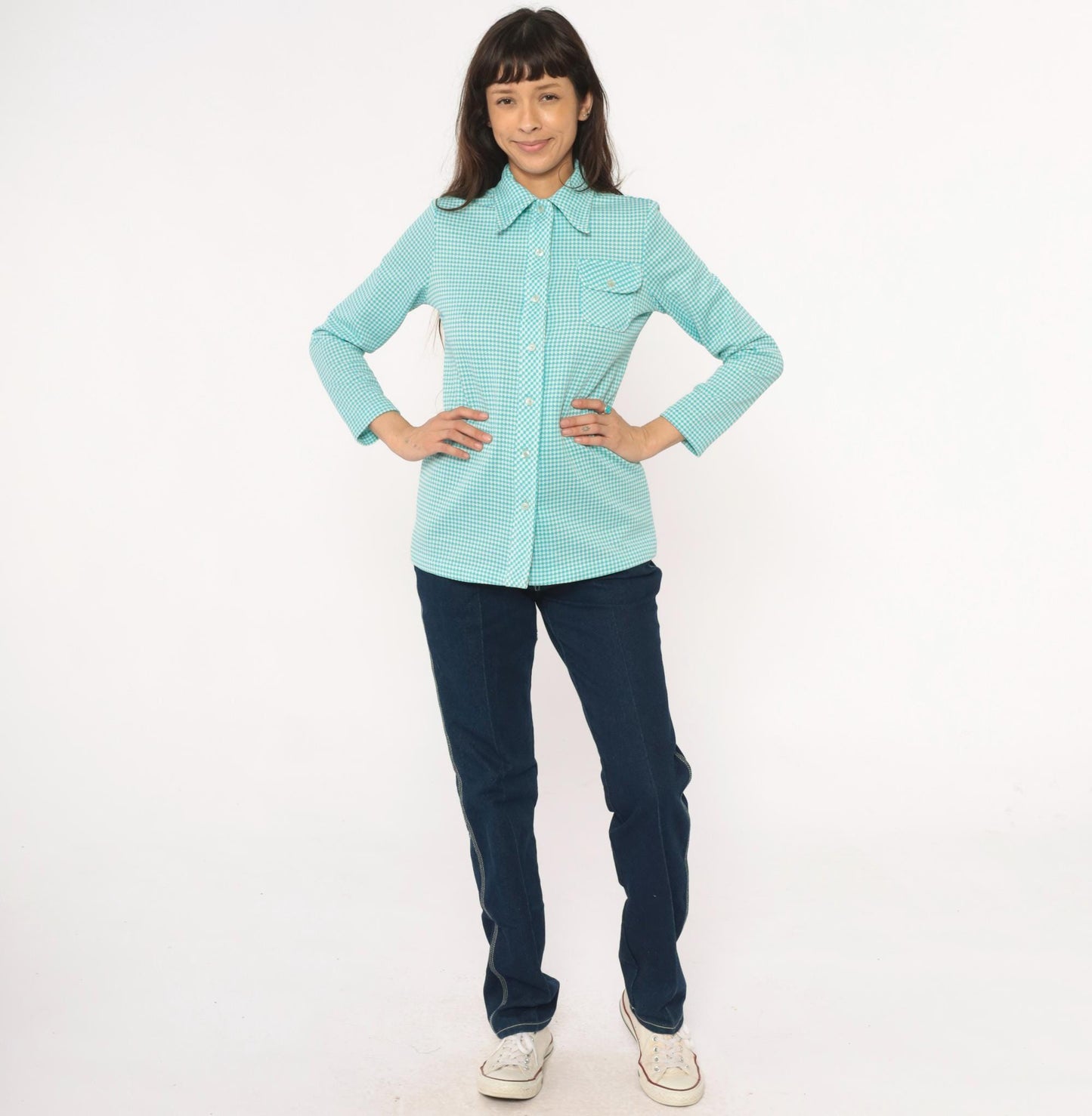 70s Turquoise Gingham Button-Front Shirt Chest Pocket Long Sleeve Small