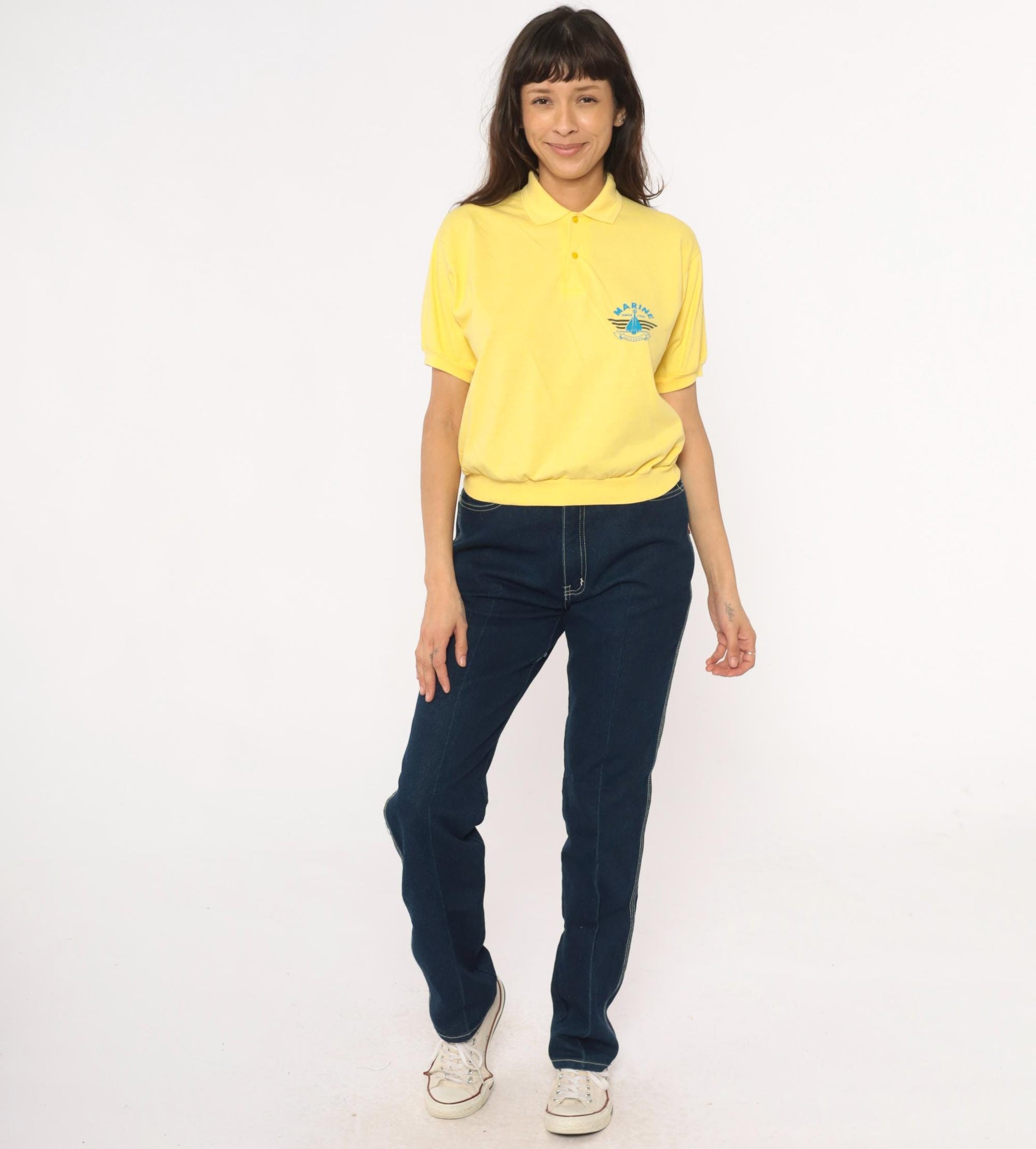 80s Yellow Polo Shirt Marine Seafarer Sailboat Graphic Collared Medium