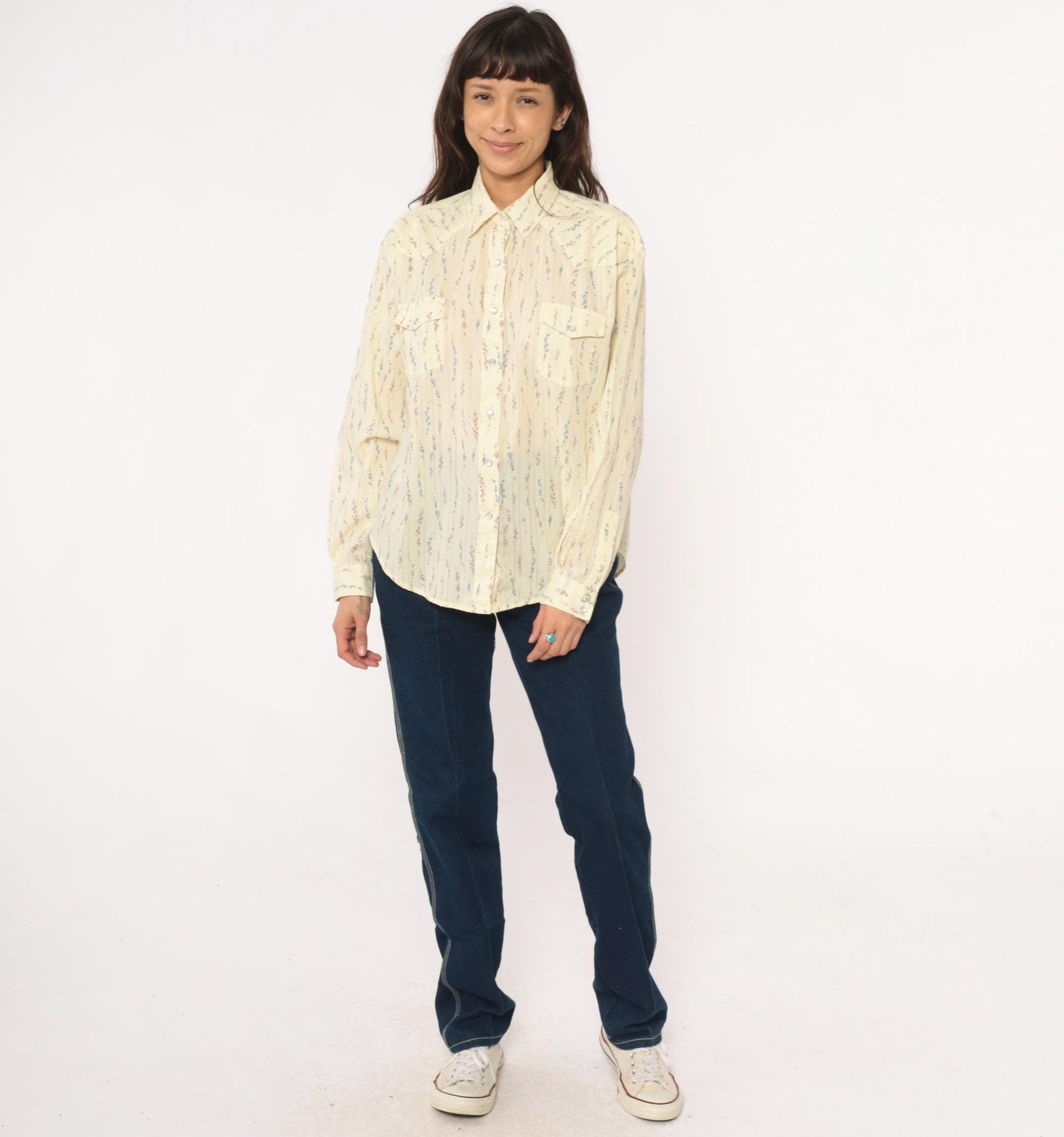 Y2K White Horse Western Shirt Pearl Snap Floral Stripe Cream Large L