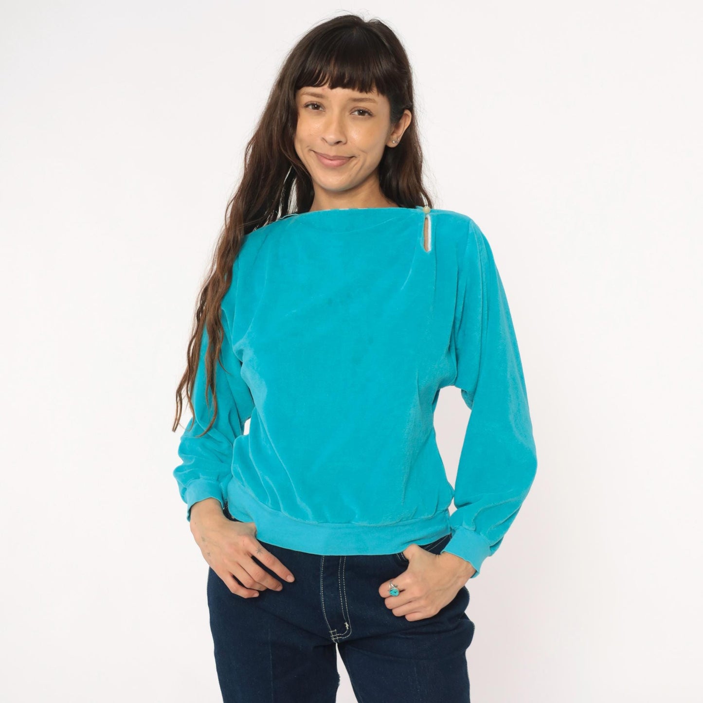 80s Terrycloth Sweatshirt Teal Asymmetrical Neck Striped Collar Pullover Small