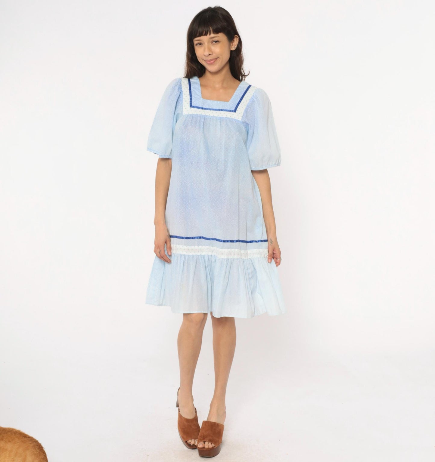 80s Light Blue Hawaiian Dress Cotton Puff Sleeve Square Neck Empire Waist Extra Small