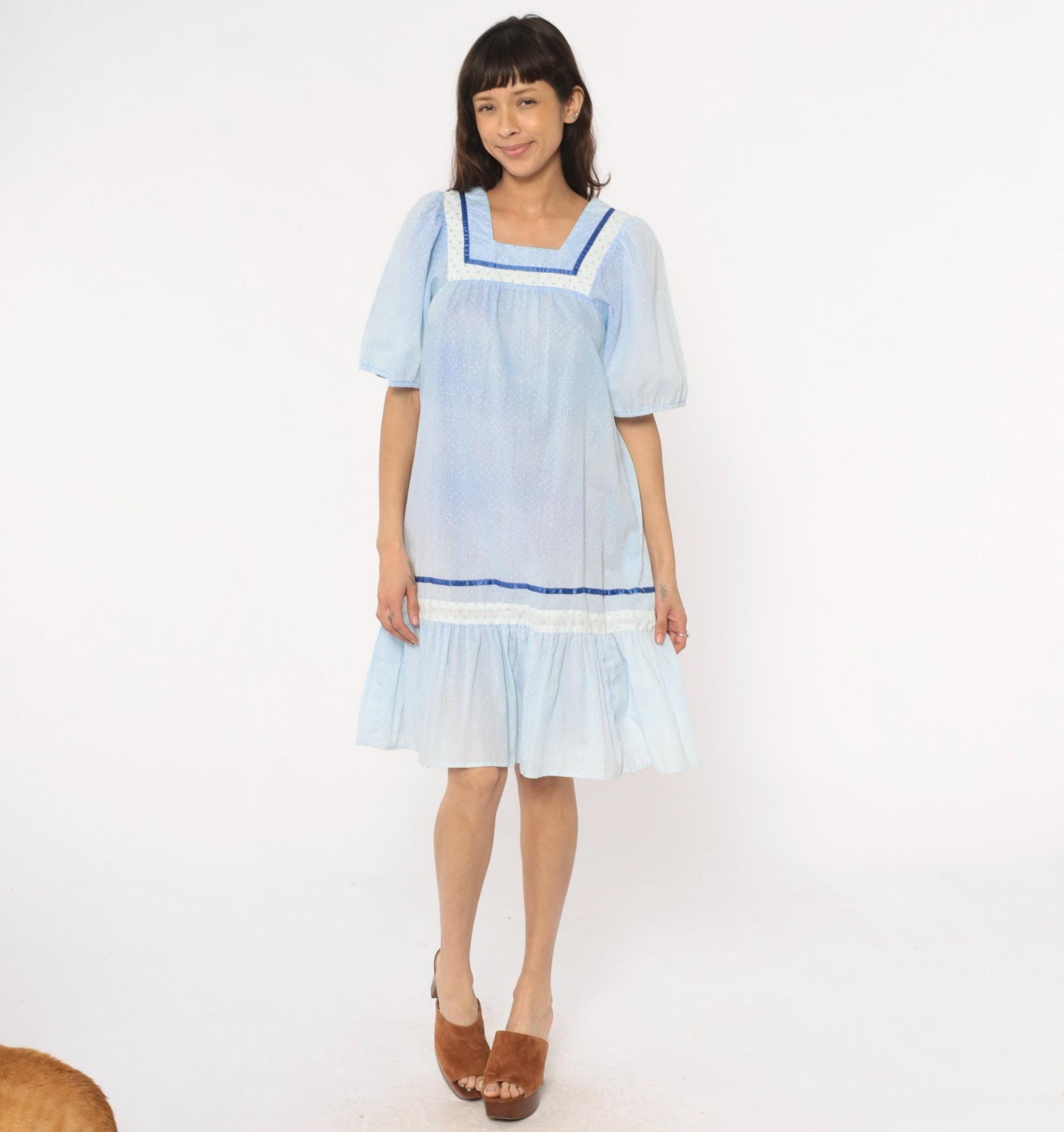 80s Light Blue Hawaiian Dress Cotton Puff Sleeve Square Neck Empire Waist Extra Small