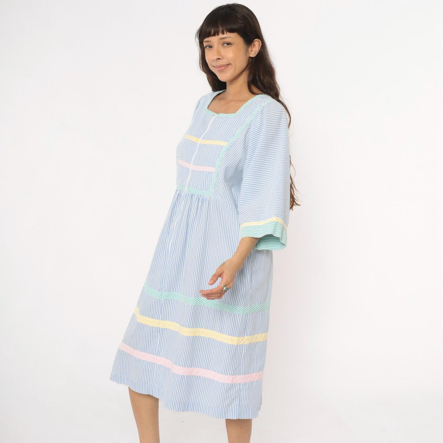 80s Saybury Seersucker Striped Dress Blue White Rickrack Trim Large