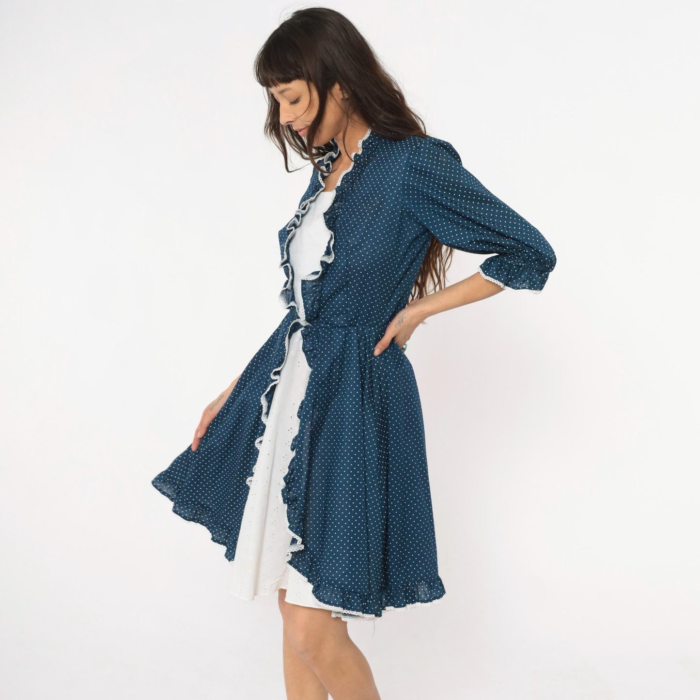 80s Navy Polka Dot Square Dance Dress White Eyelet Ruffle Cotton Small