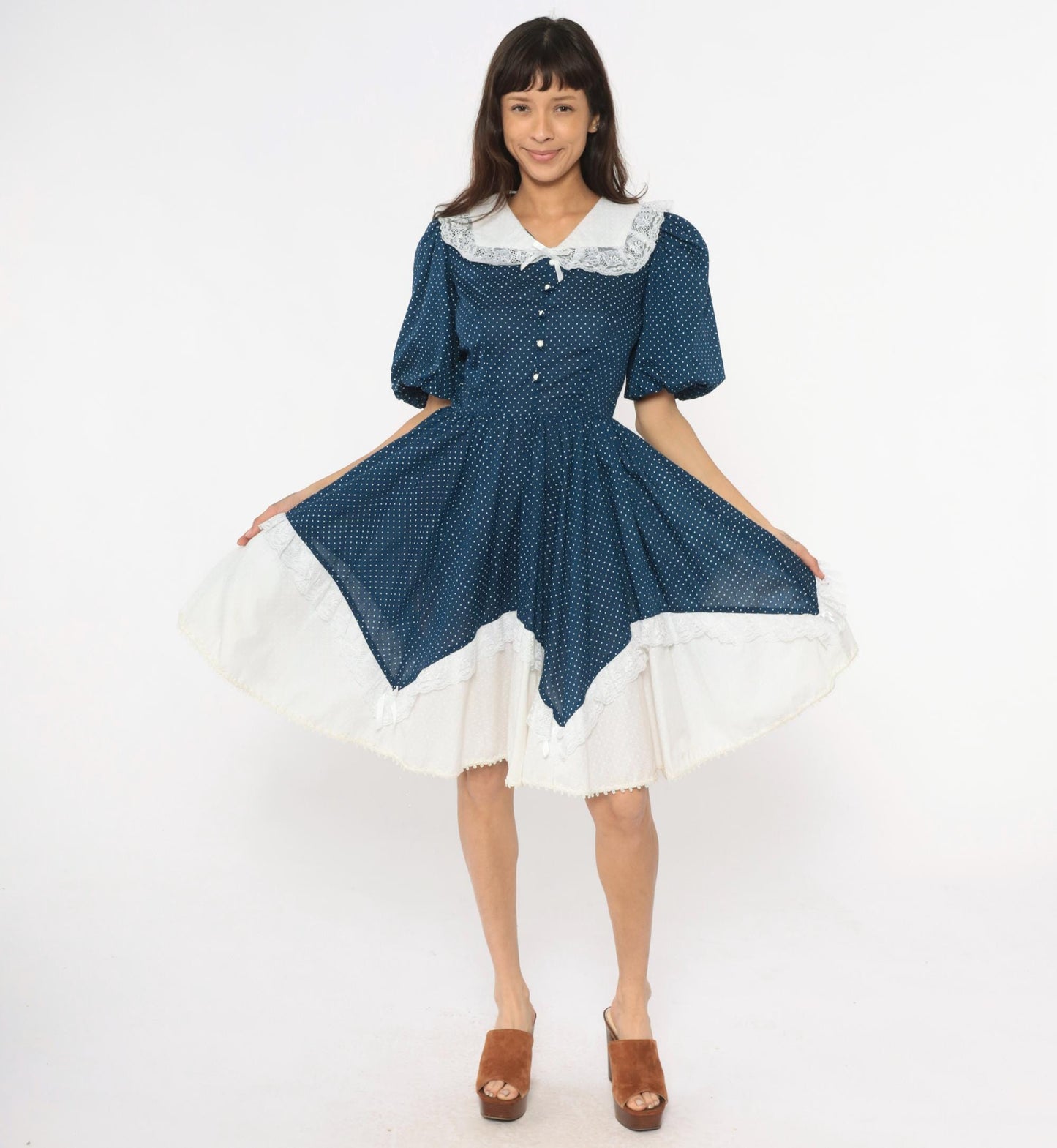 80s Navy Polka Dot Dress Puff Sleeve Lace Collar Handkerchief Hem Medium M