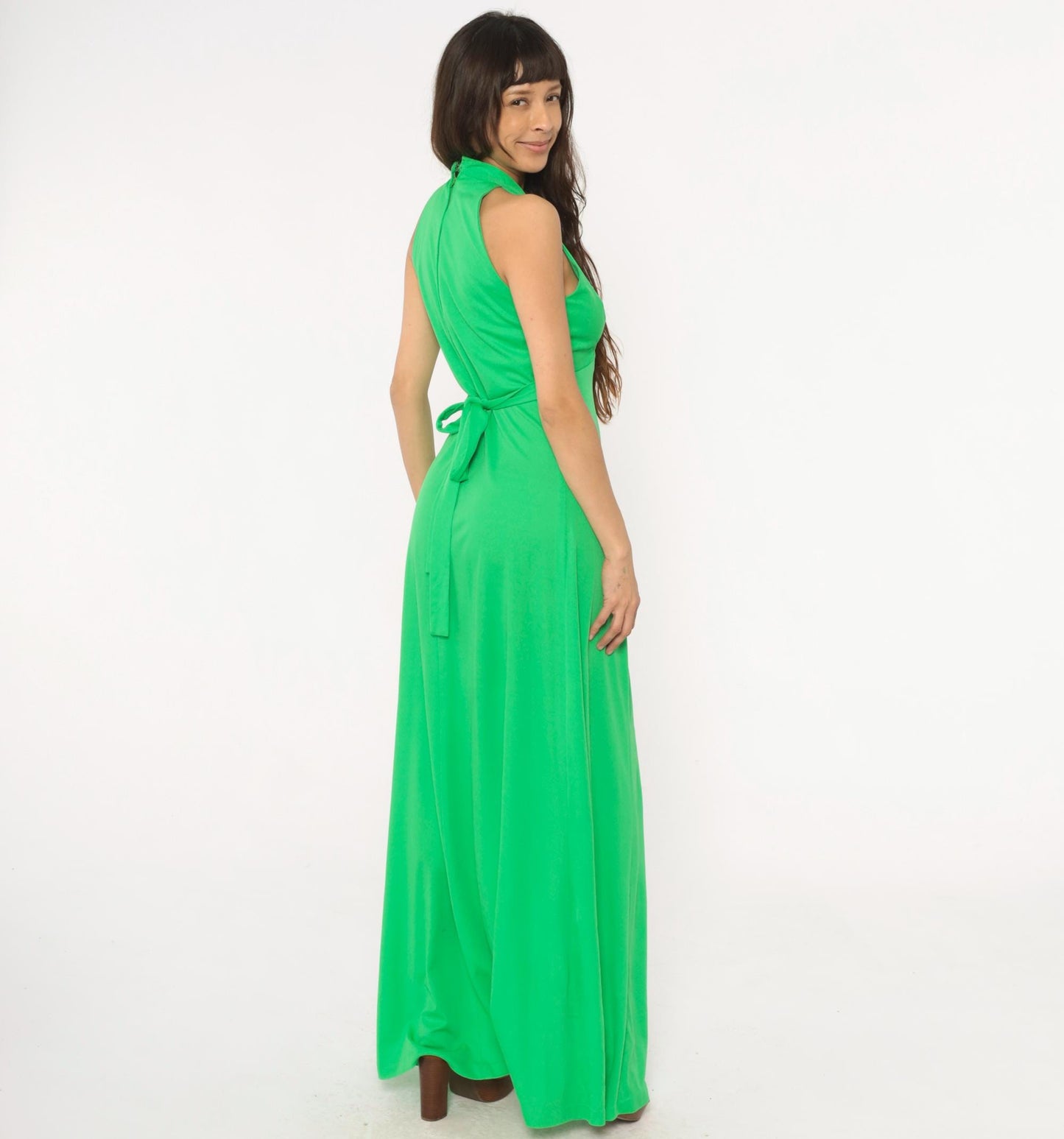 70s Green Halter Maxi Dress Deep V Neck Tie Waist Empire A-Line Medium