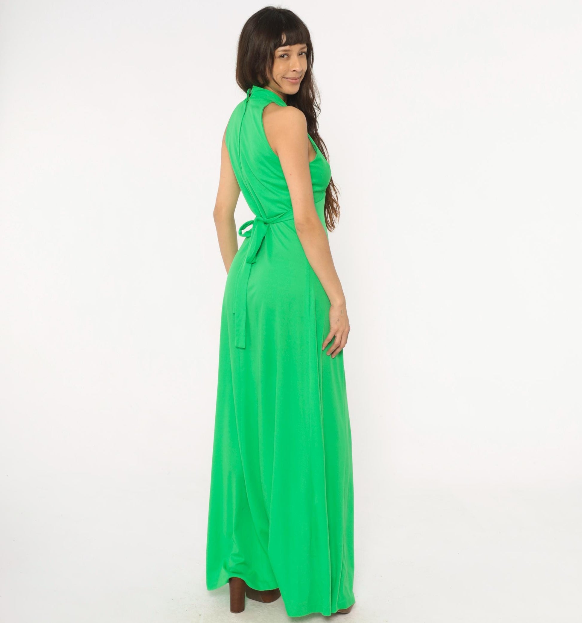 70s Green Halter Maxi Dress Deep V Neck Tie Waist Empire A-Line Medium