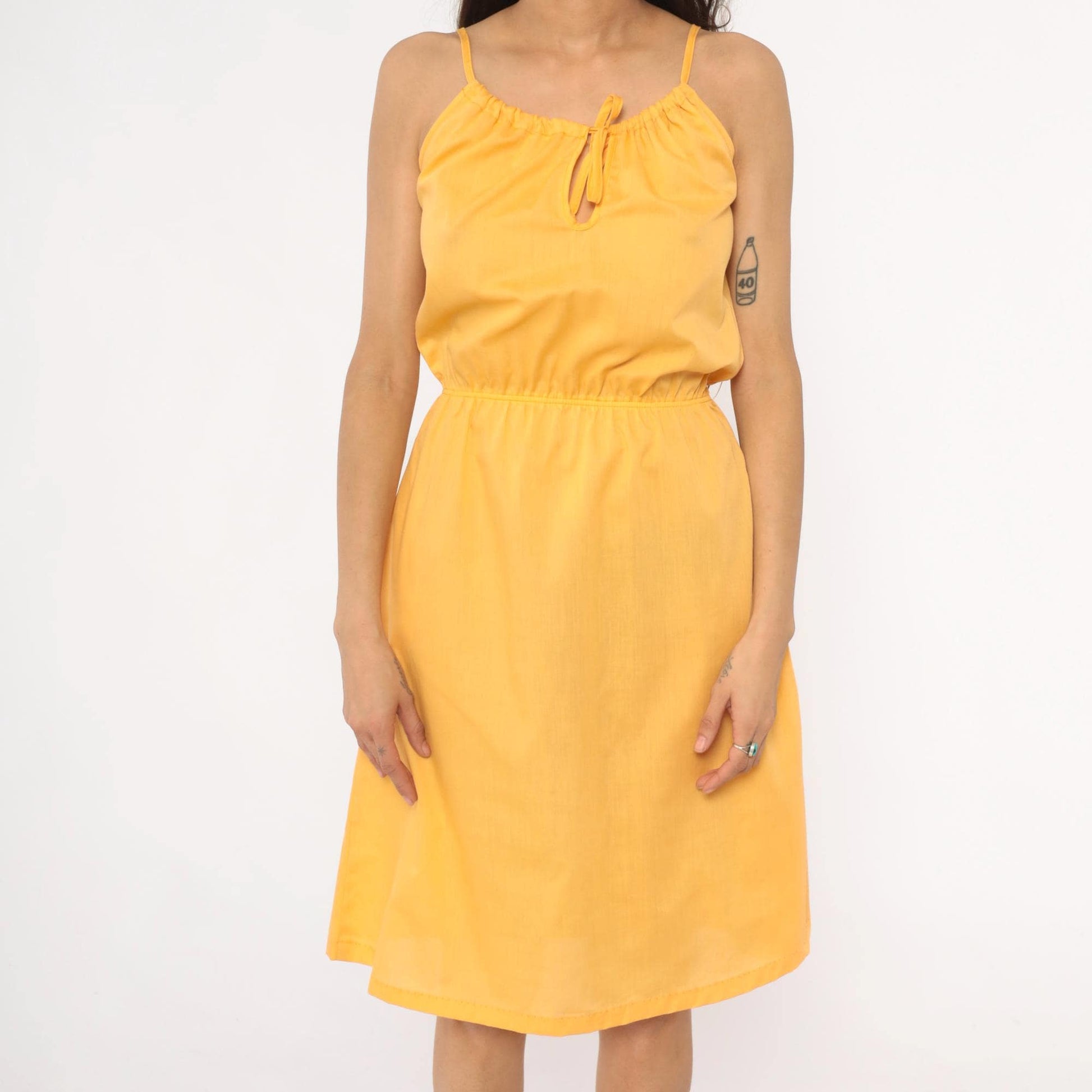 70s Yellow Spaghetti Strap Sundress Tie Neck Knee-Length Small Medium