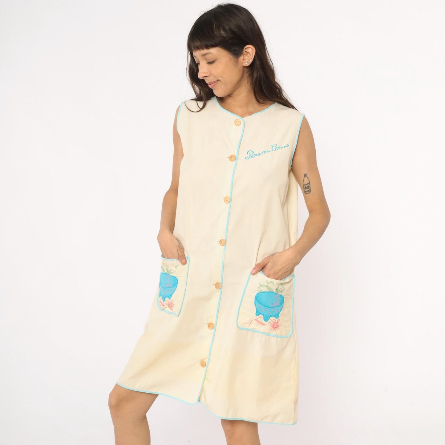 80s Yellow Cotton House Dress Para Mi Cocina Embroidered Molcajete Medium