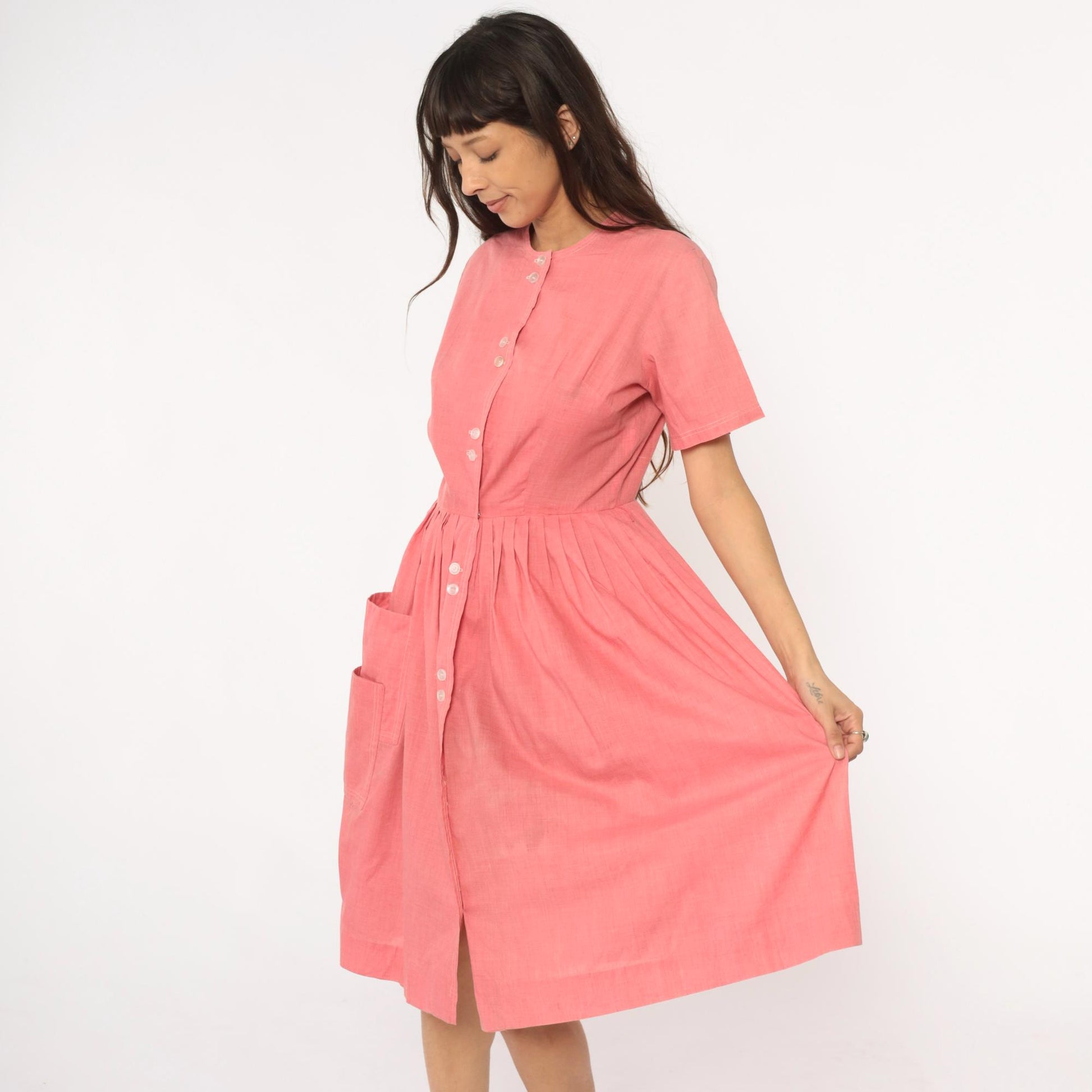 70s Coral Pink Cotton Day Dress Button Front Gathered Skirt Pockets Medium Large