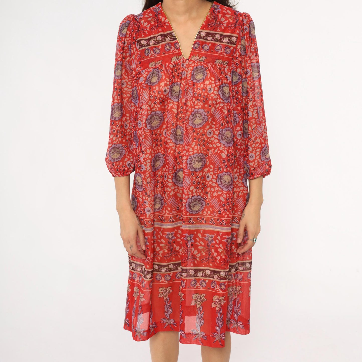 70s Floral Shift Dress Red Coral V-Neck Knee Length Three-Quarter Sleeve Medium Large