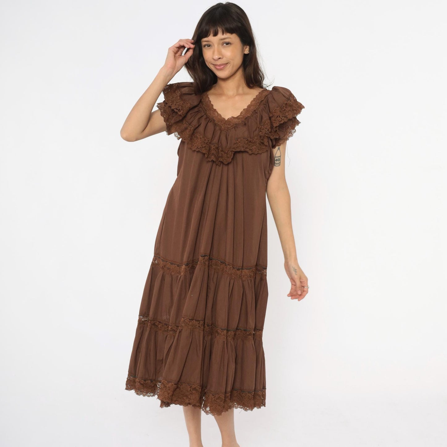 80s Brown Tiered Prairie Dress Lace Trim Cap Sleeve Midi Medium Large