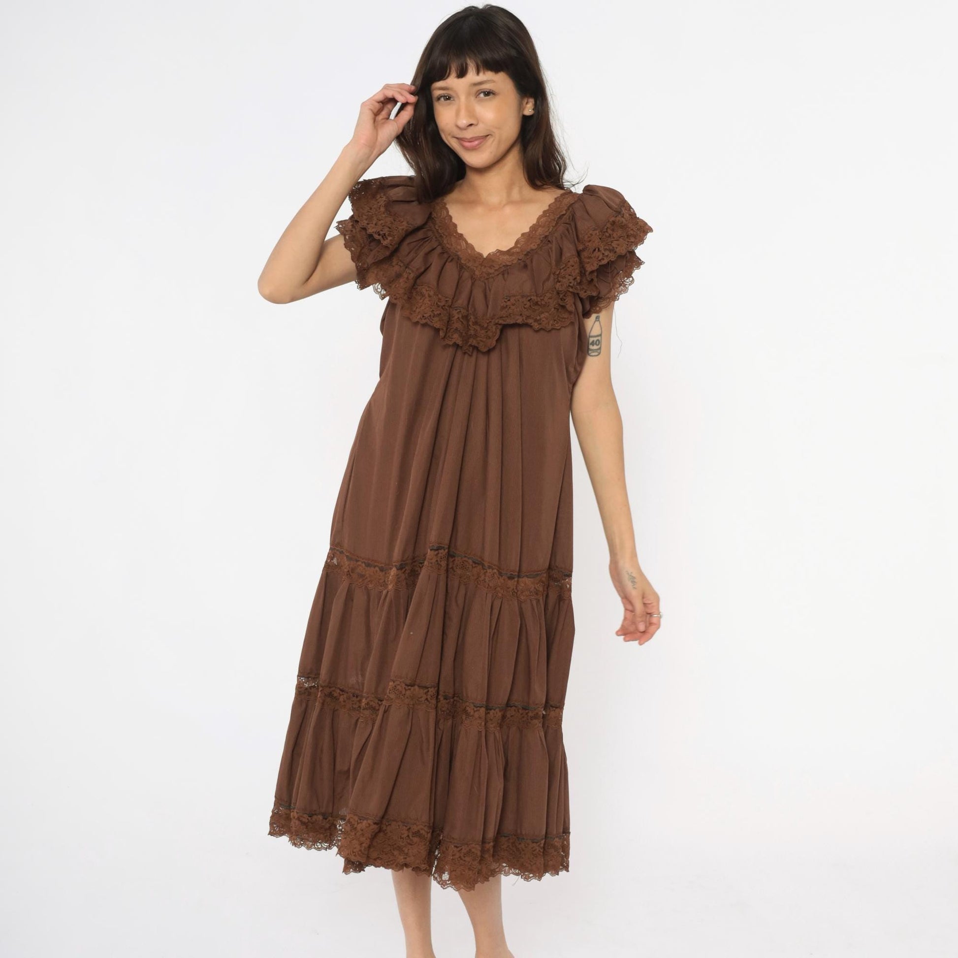 80s Brown Tiered Prairie Dress Lace Trim Cap Sleeve Midi Medium Large