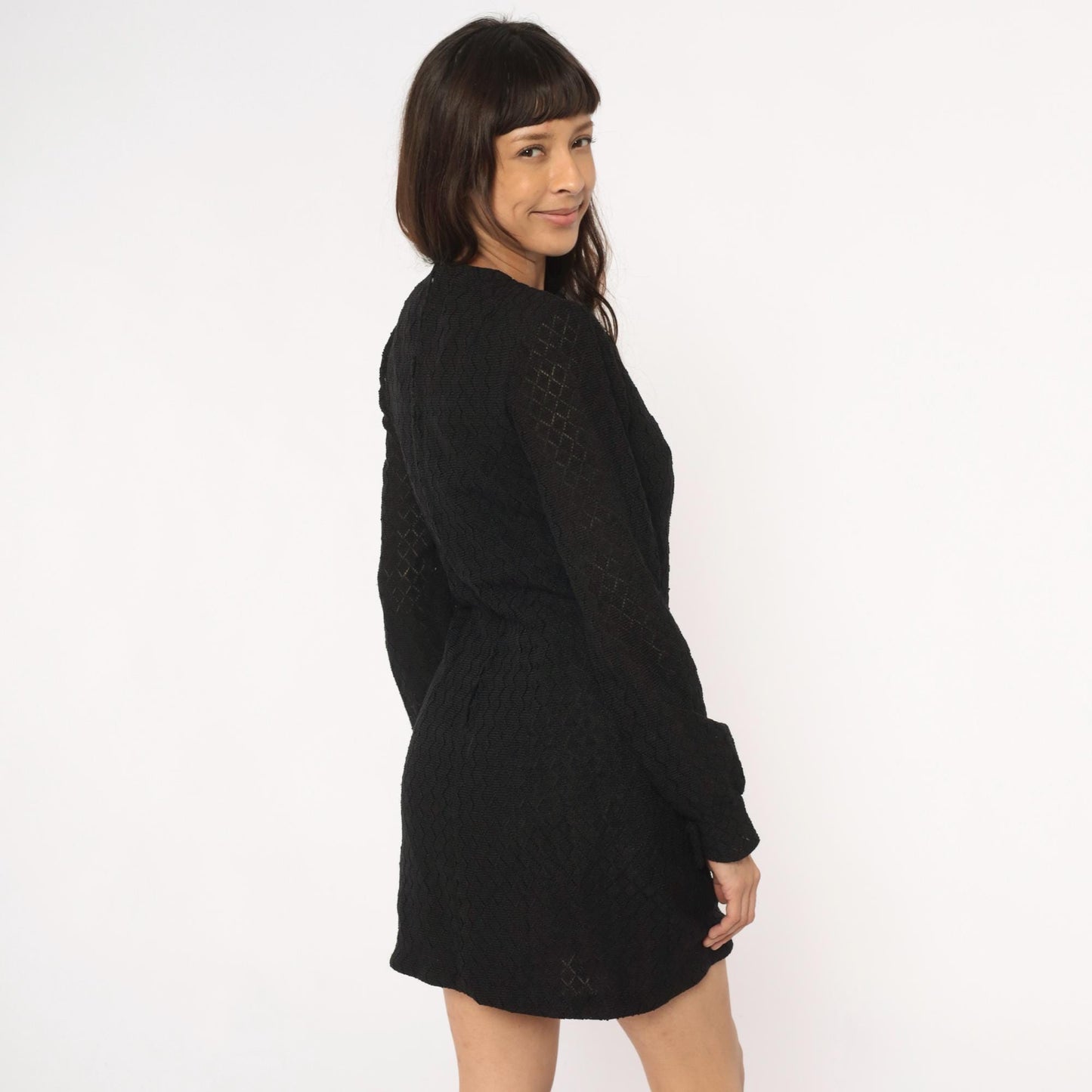 60s Black Mini Dress Diamond Quilted Long Sleeve Crew Neck Small