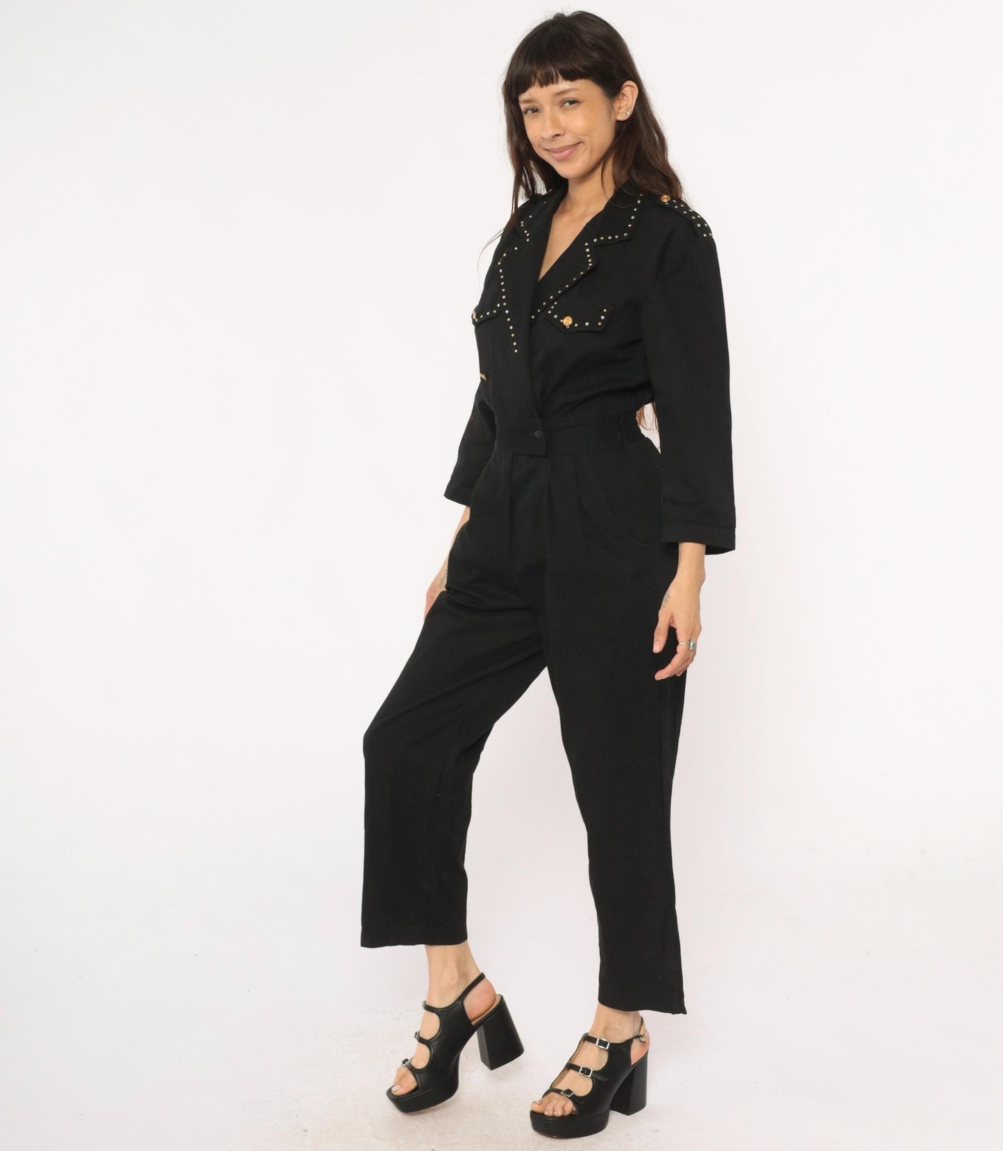 90s D Frank Black Cotton Jumpsuit Rhinestone V-Neck Wide Leg Small S