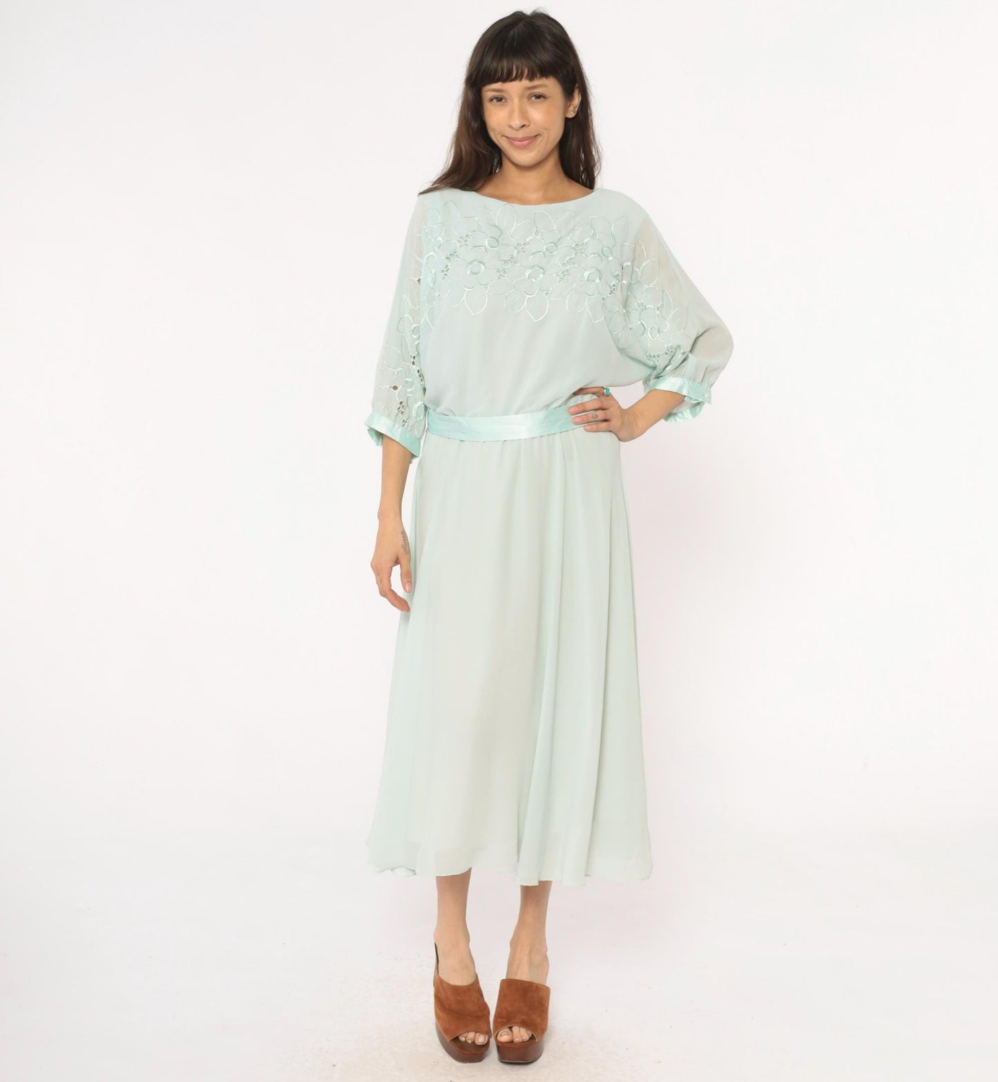 80s Ursula Mint Green Midi Dress Embroidered Floral Cutwork Sheer Large