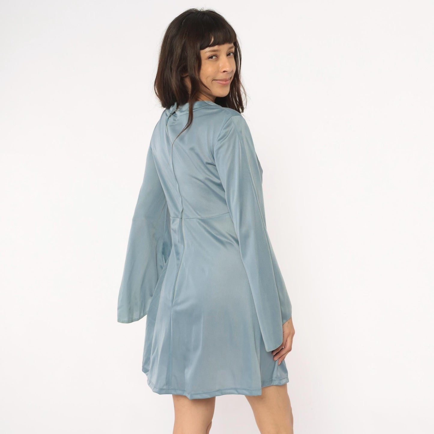 70s Powder Blue Mini Dress Bell Sleeve V Neck Empire Waist Medium M