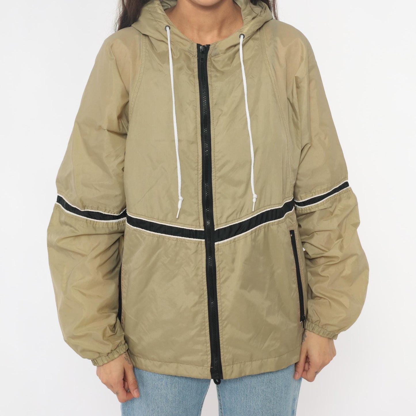 90s Tan Windbreaker Jacket Hooded Striped Black White Nylon Small