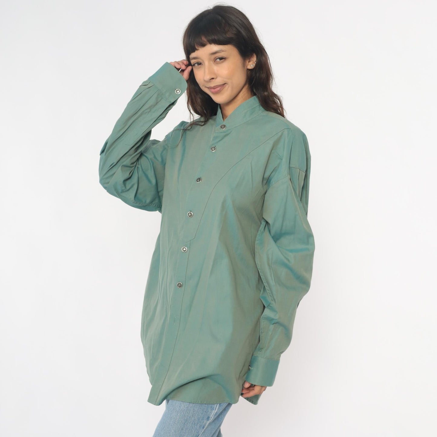 90s Stubbs Sage Green Western Shirt Mandarin Collar Button Front Extra Large XL