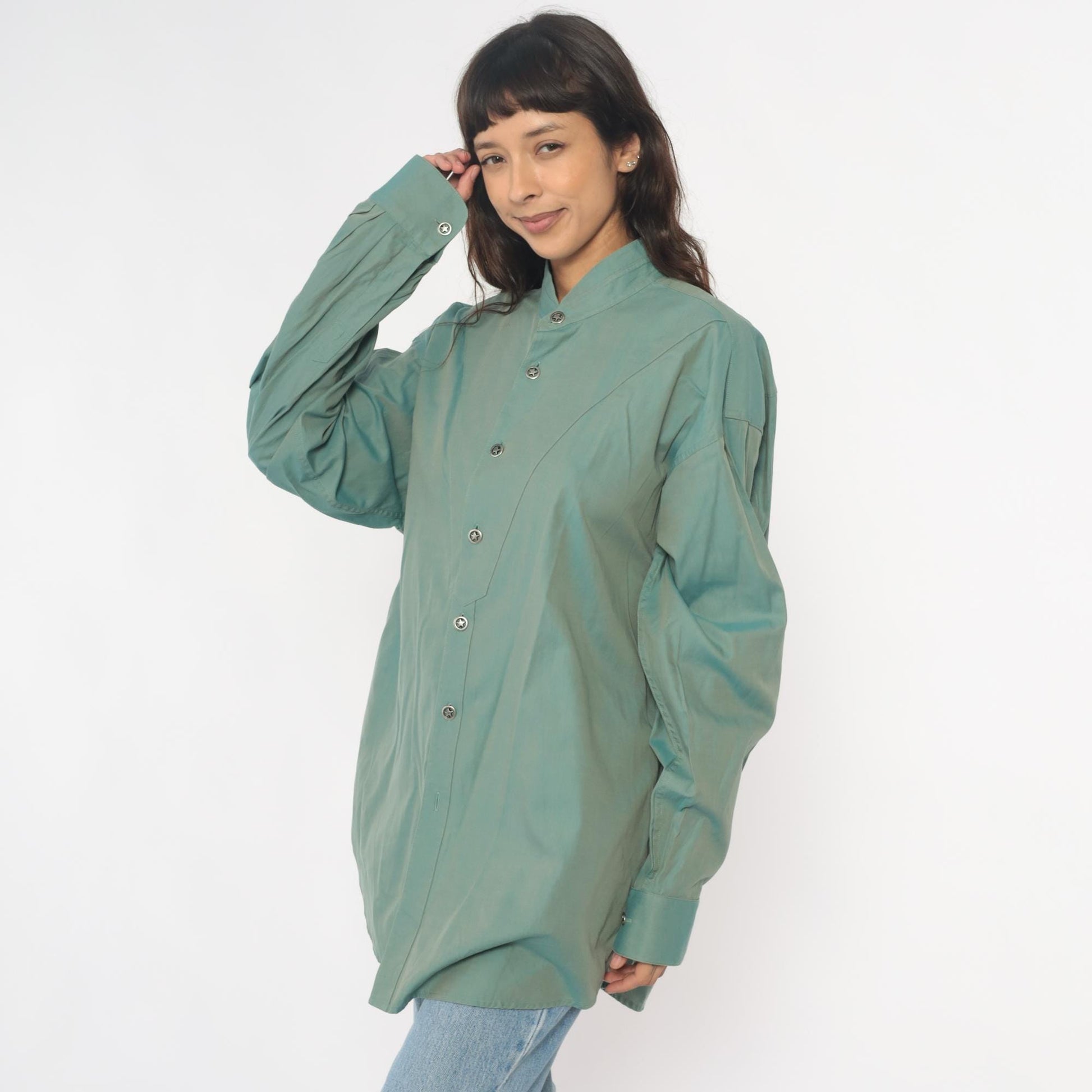 90s Stubbs Sage Green Western Shirt Mandarin Collar Button Front Extra Large XL