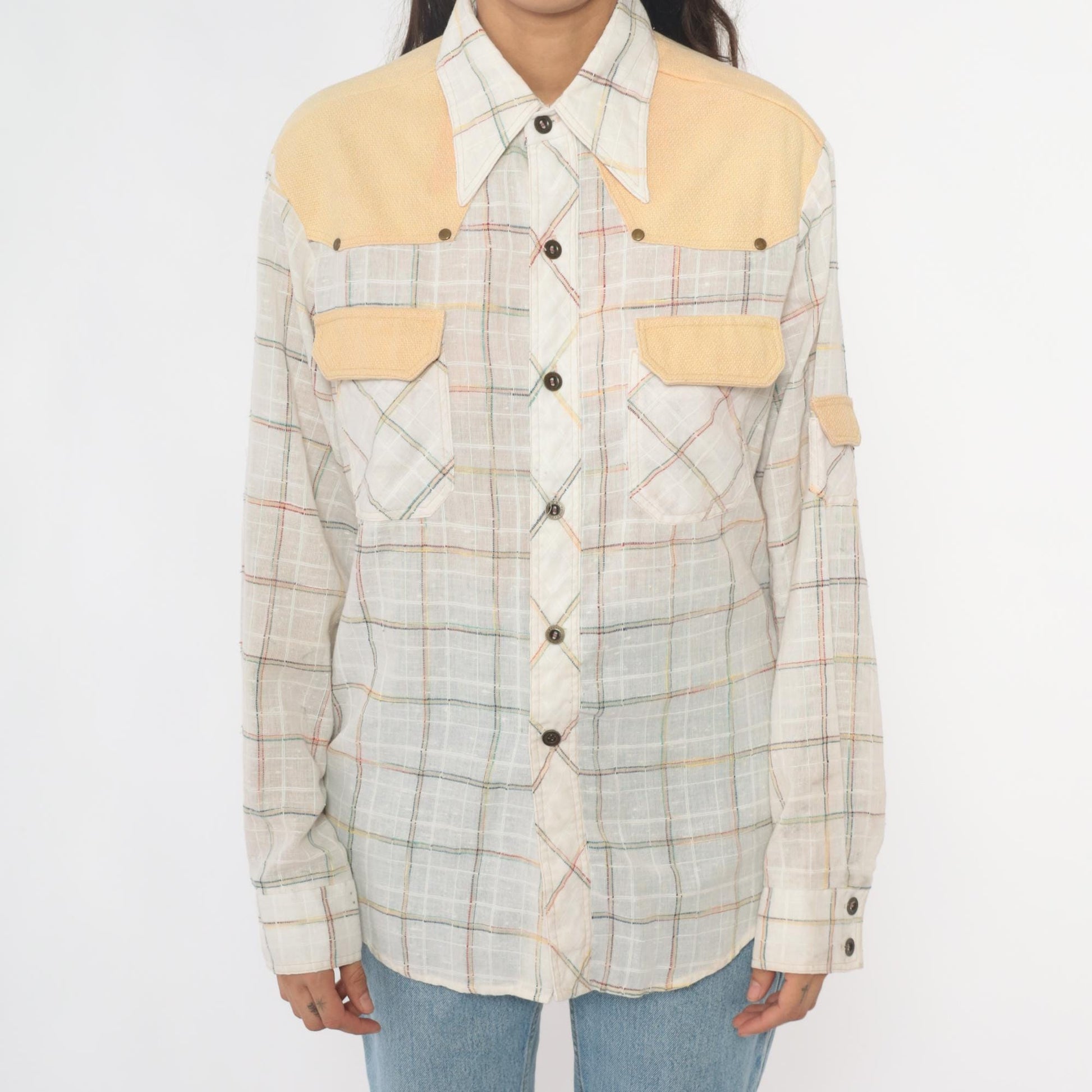 70s Kennington Western Shirt Plaid Cream Peach Yoke Button Front Medium