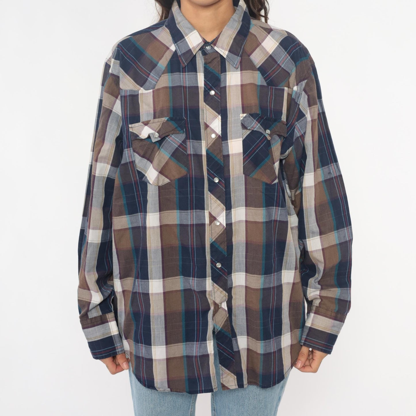 90s Youngbloods Western Shirt Pearl Snap Plaid Navy Brown Extra Large XL