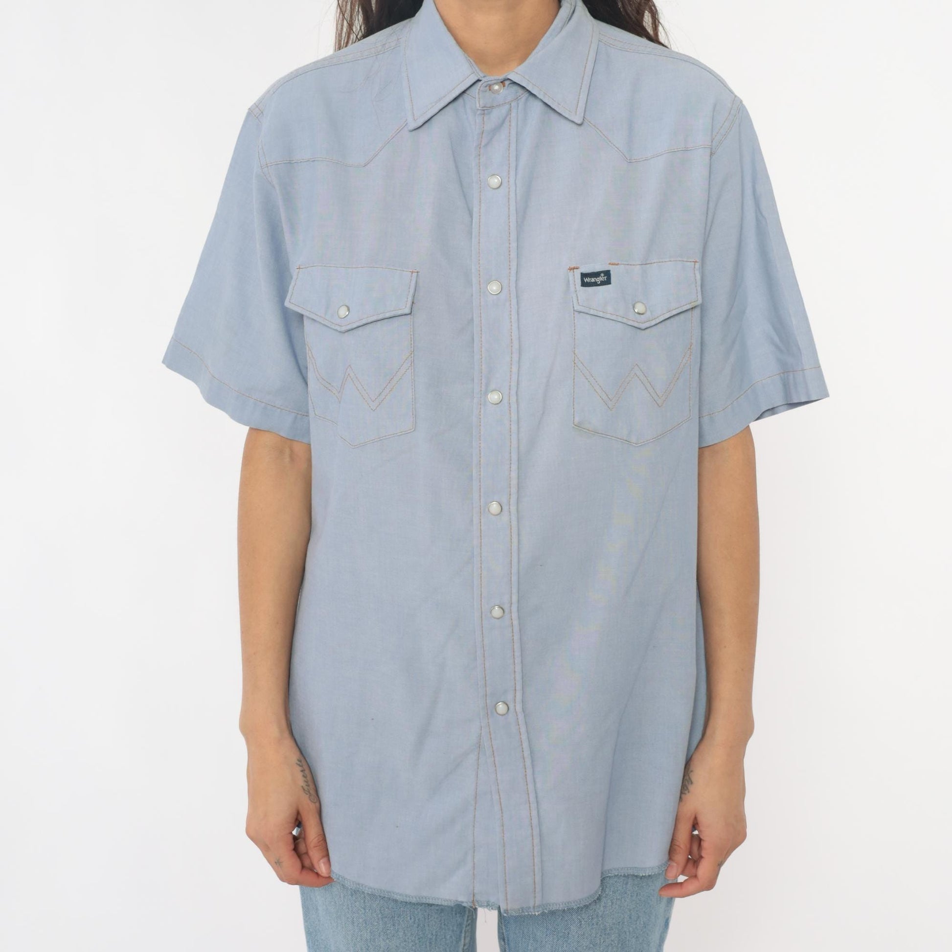 80s Wrangler Western Shirt Pearl Snap Light Blue Chambray Large