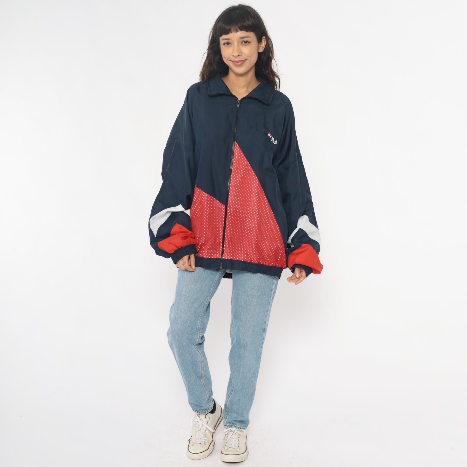 90s Fila Windbreaker Colorblock Navy Red White Full Zip Track Jacket Extra Large