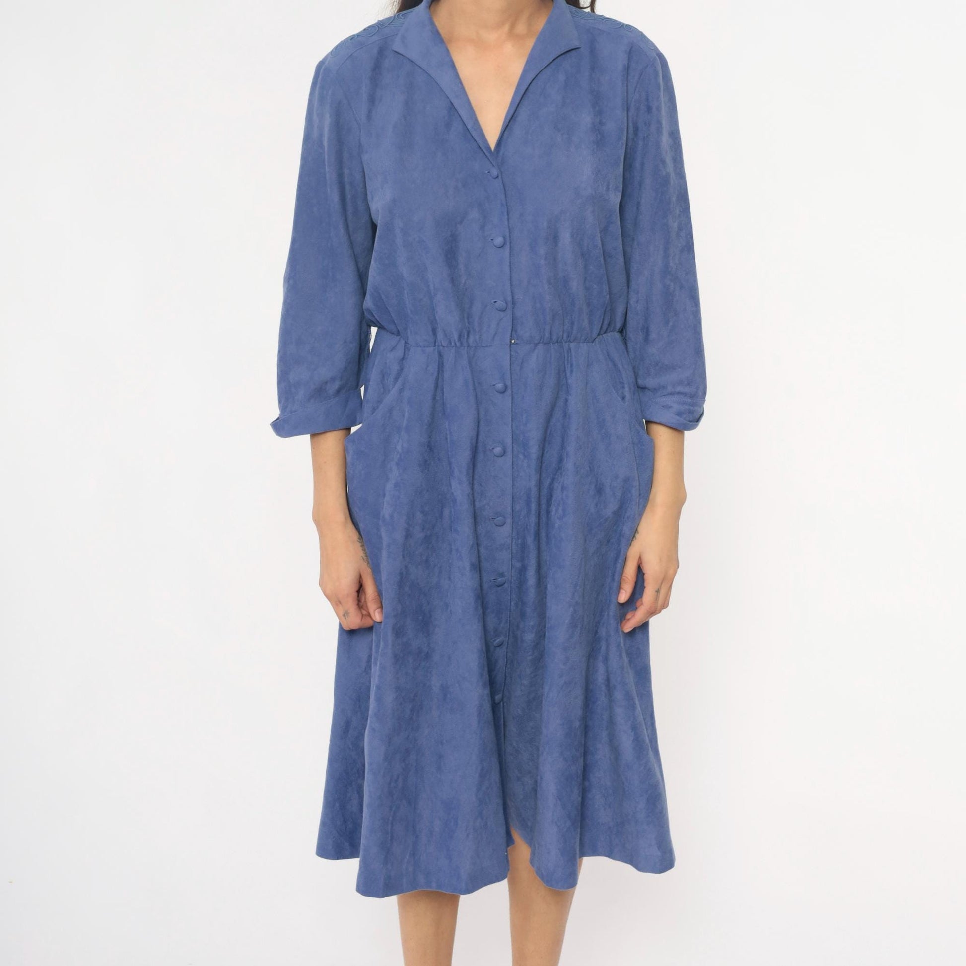 80s Petites by Willi Periwinkle Midi Dress Embroidered Collar Medium