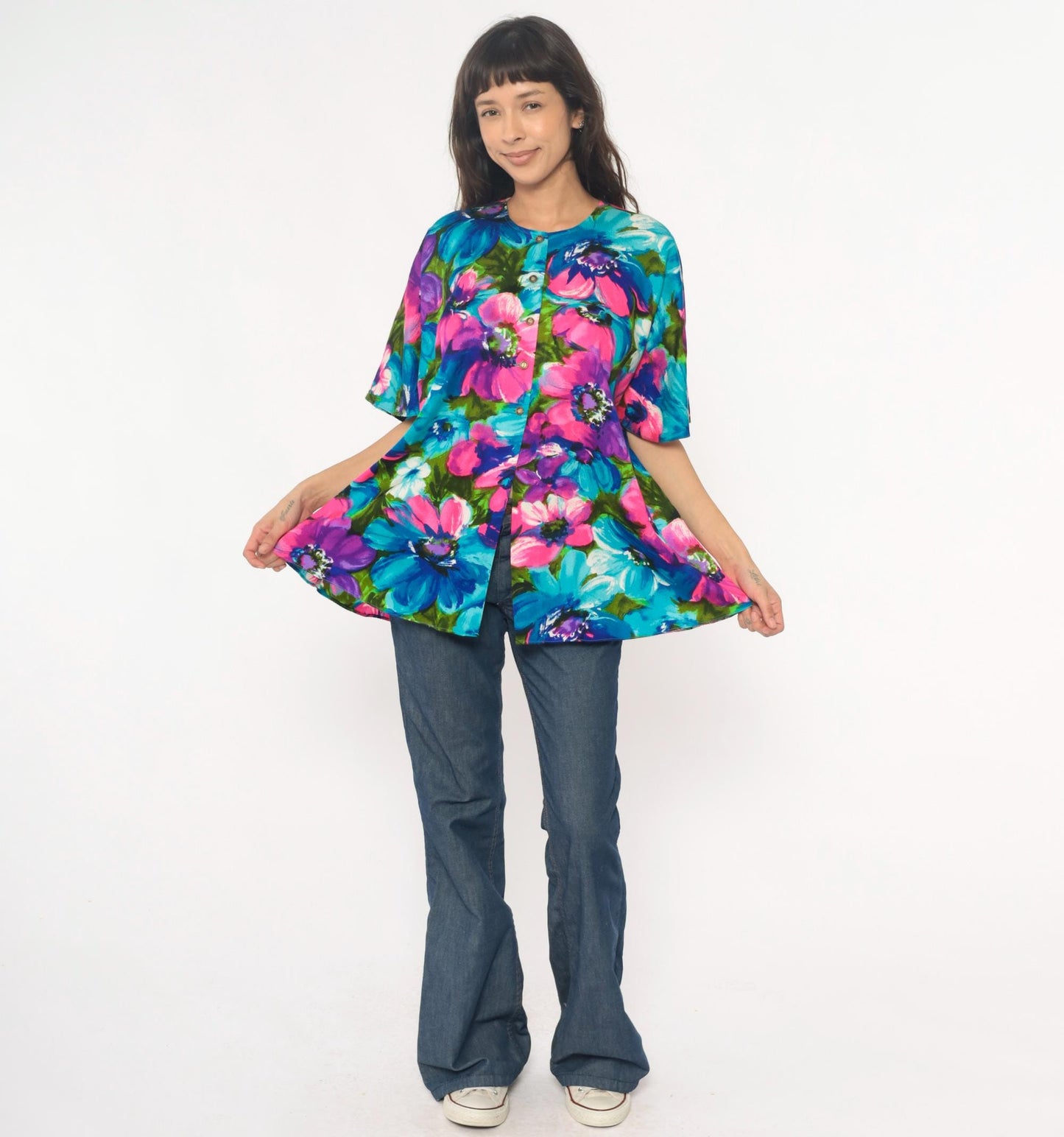70s Haleaka Fashions Floral Button-Up Tunic Pink Purple Blue Cotton
